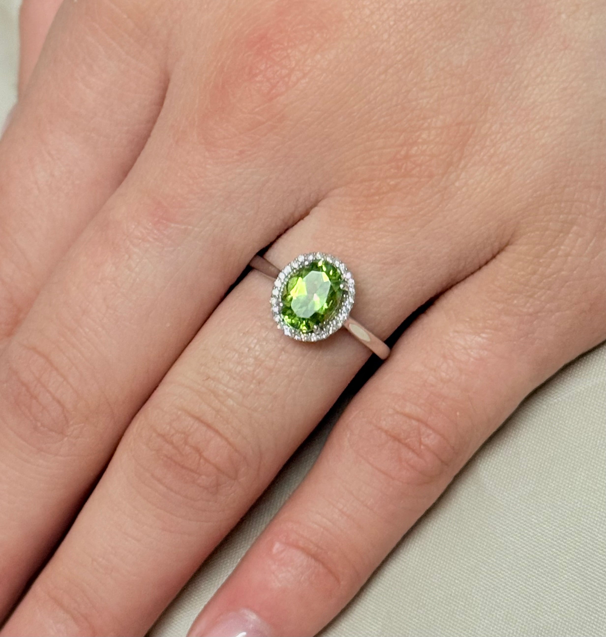 9K White Gold Oval Peridot with Diamond Halo Ring