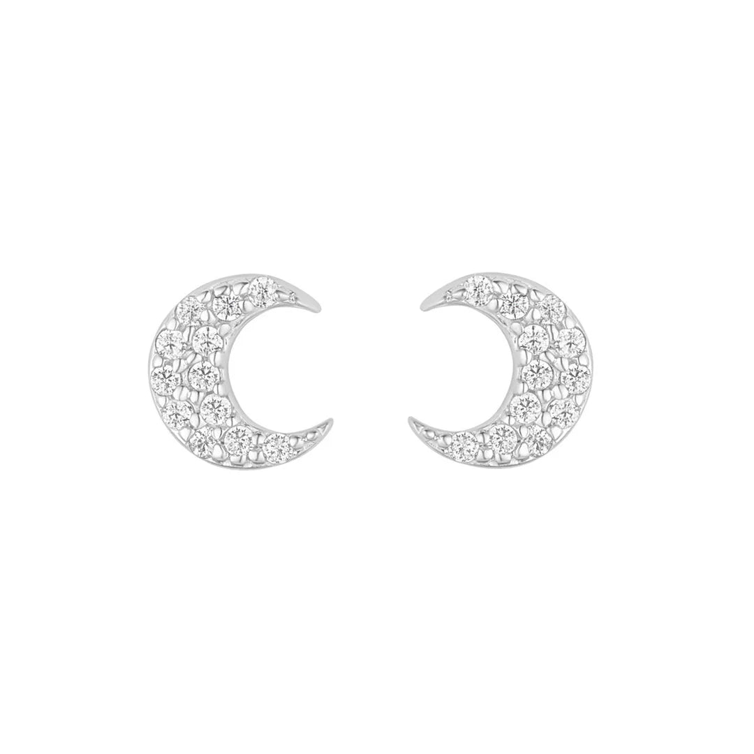 Sterling Silver Cz Moon Stud Earrings
