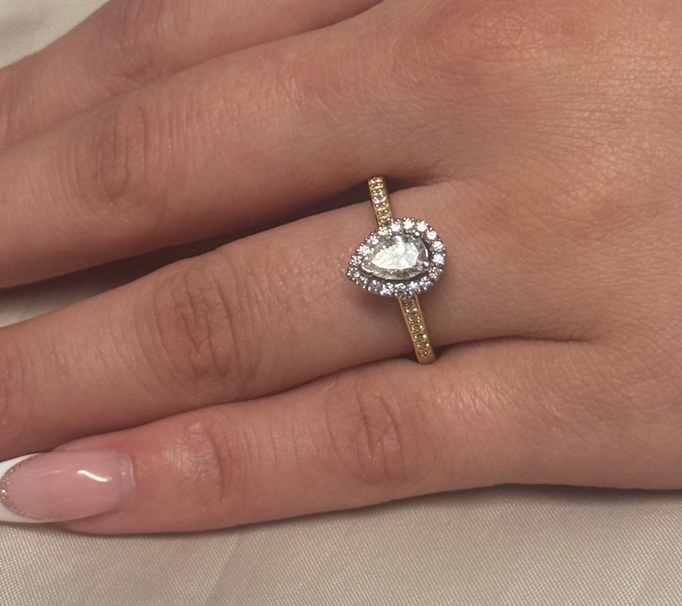 18K Two Tone Gold Pear Halo With Diamond Band
