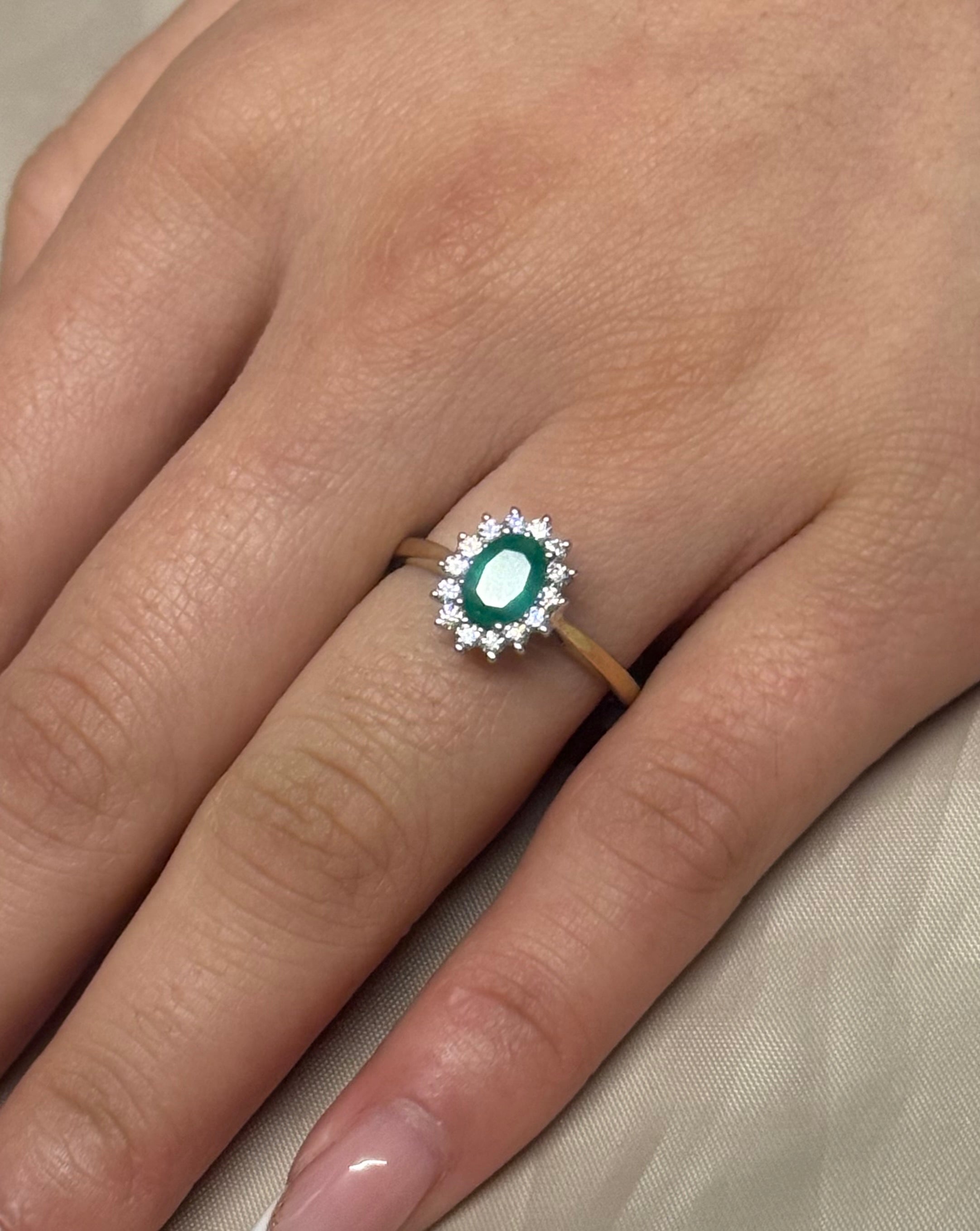 9K Yellow Gold Emerald and Diamond Cluster Ring