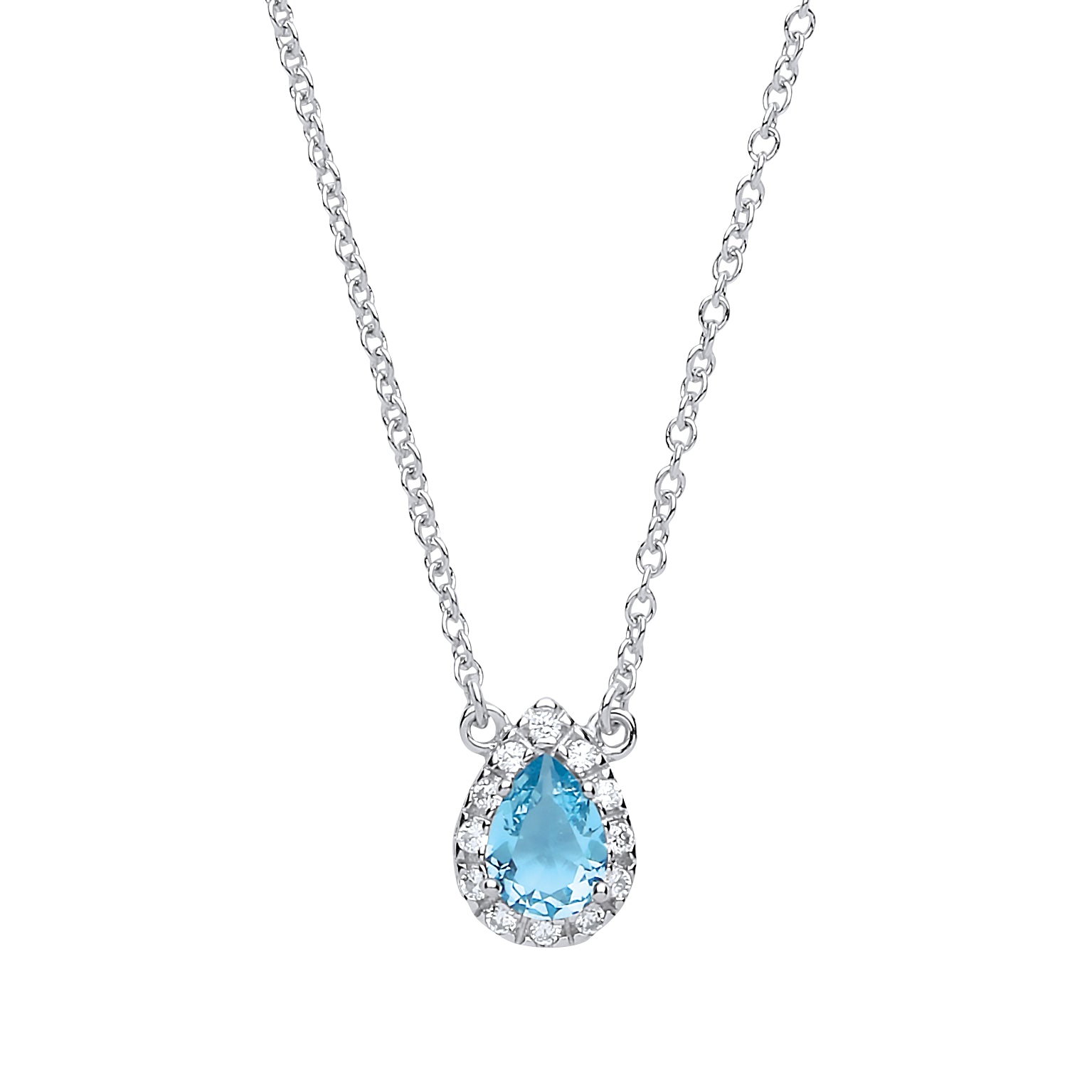 Sterling Silver Aqua Cz Pear Shape Halo Necklace