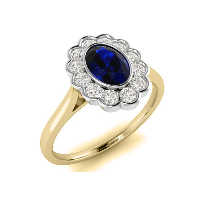 9ct Yellow Gold Oval Sapphire with Diamond Ring