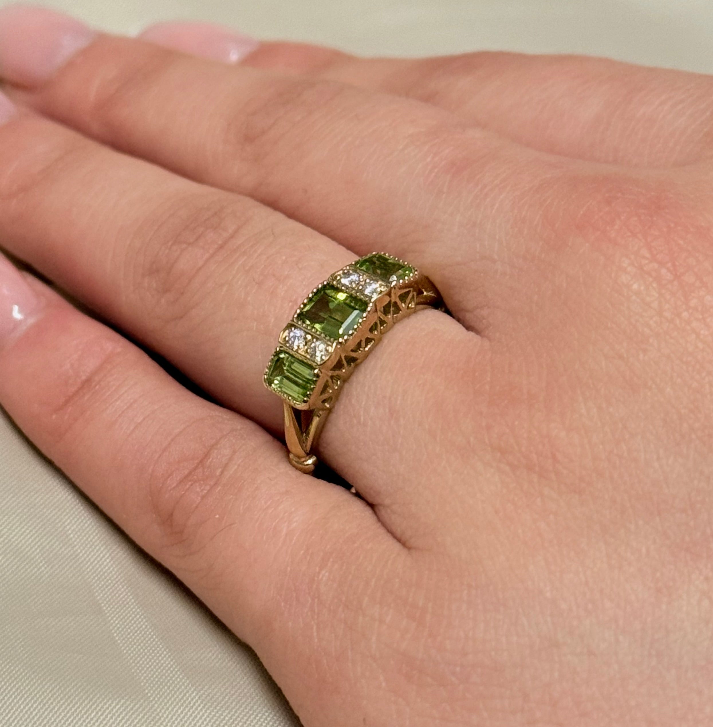 9K Yellow Gold Vintage Style Peridot and Diamond Three Stone