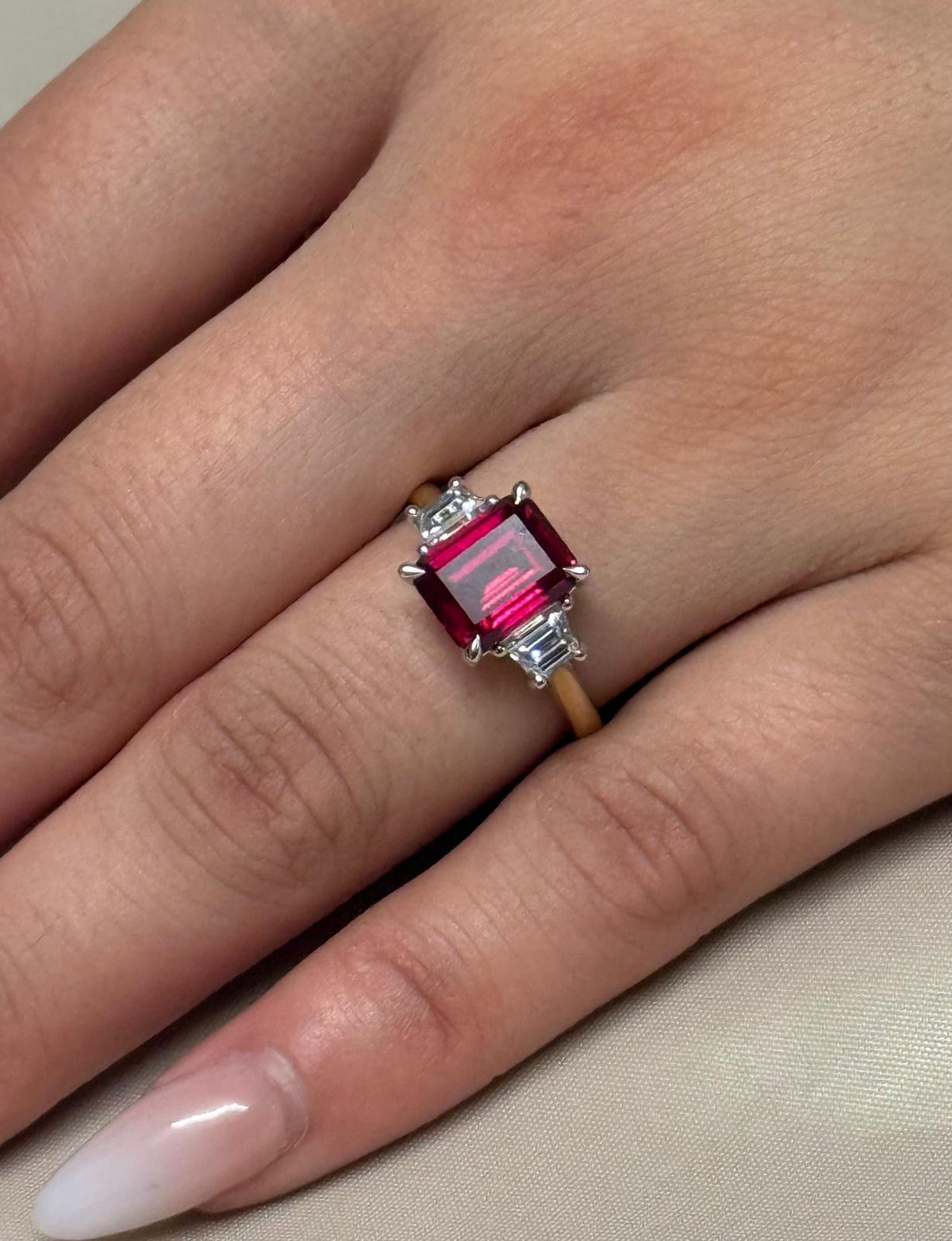 9ct Yellow Gold Lab-Grown Emerald Cut Ruby with Trapezoid Diamond Shoulders