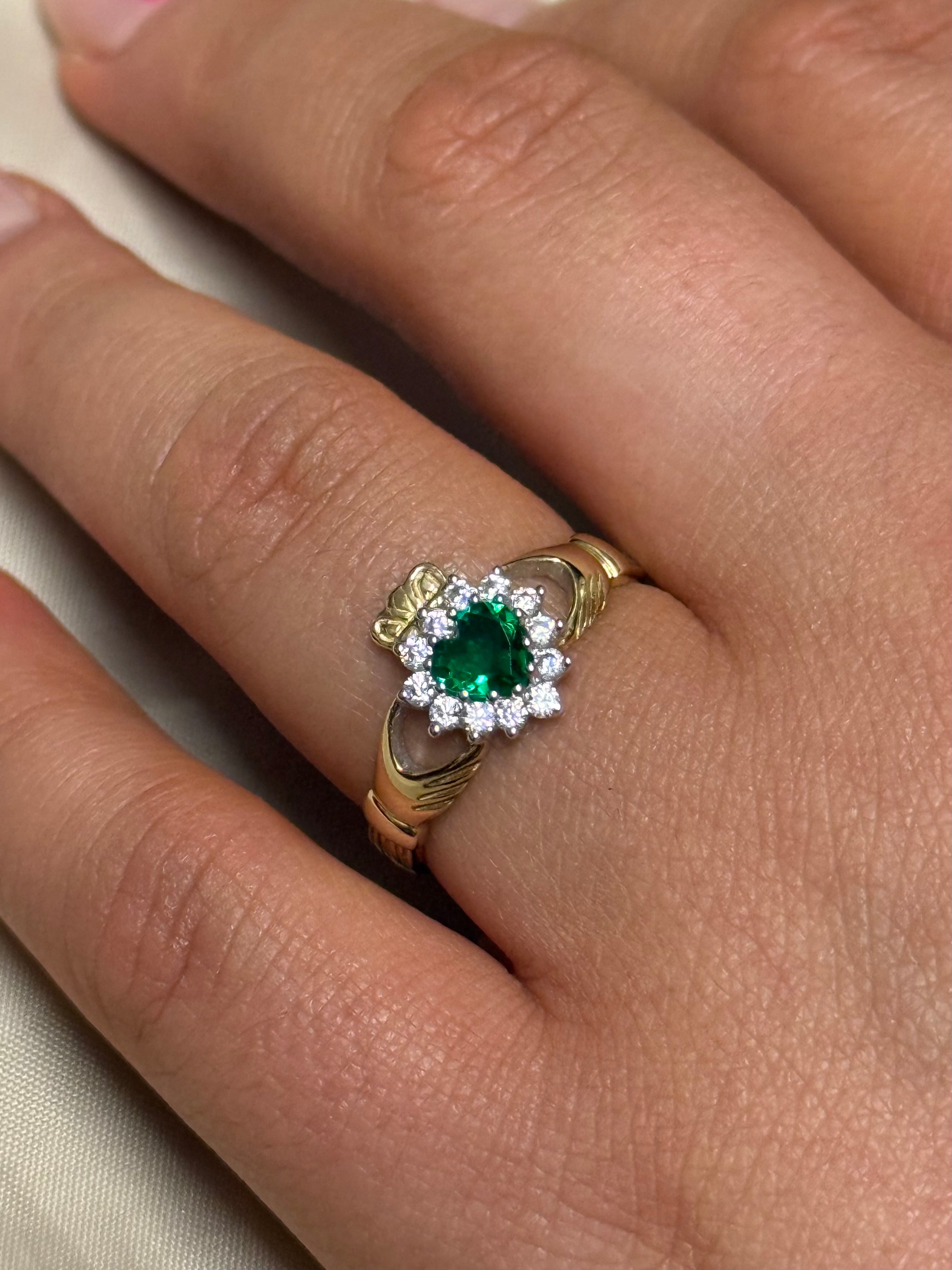 9ct Yellow Gold Green Stone and Cz Cluster Claddagh Ring