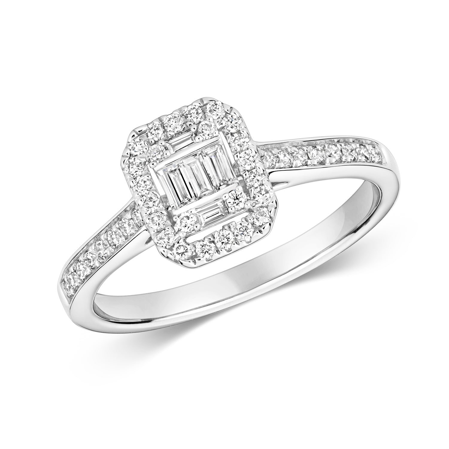 9K White Gold Emerald Cut Halo with Diamond Band