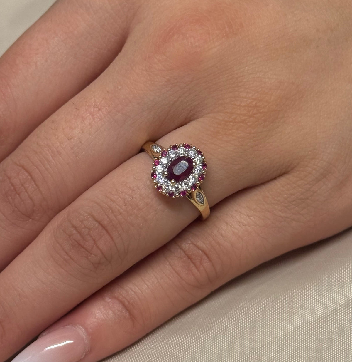 9K Yellow Gold Ruby and Diamond Vintage Style Oval Ring