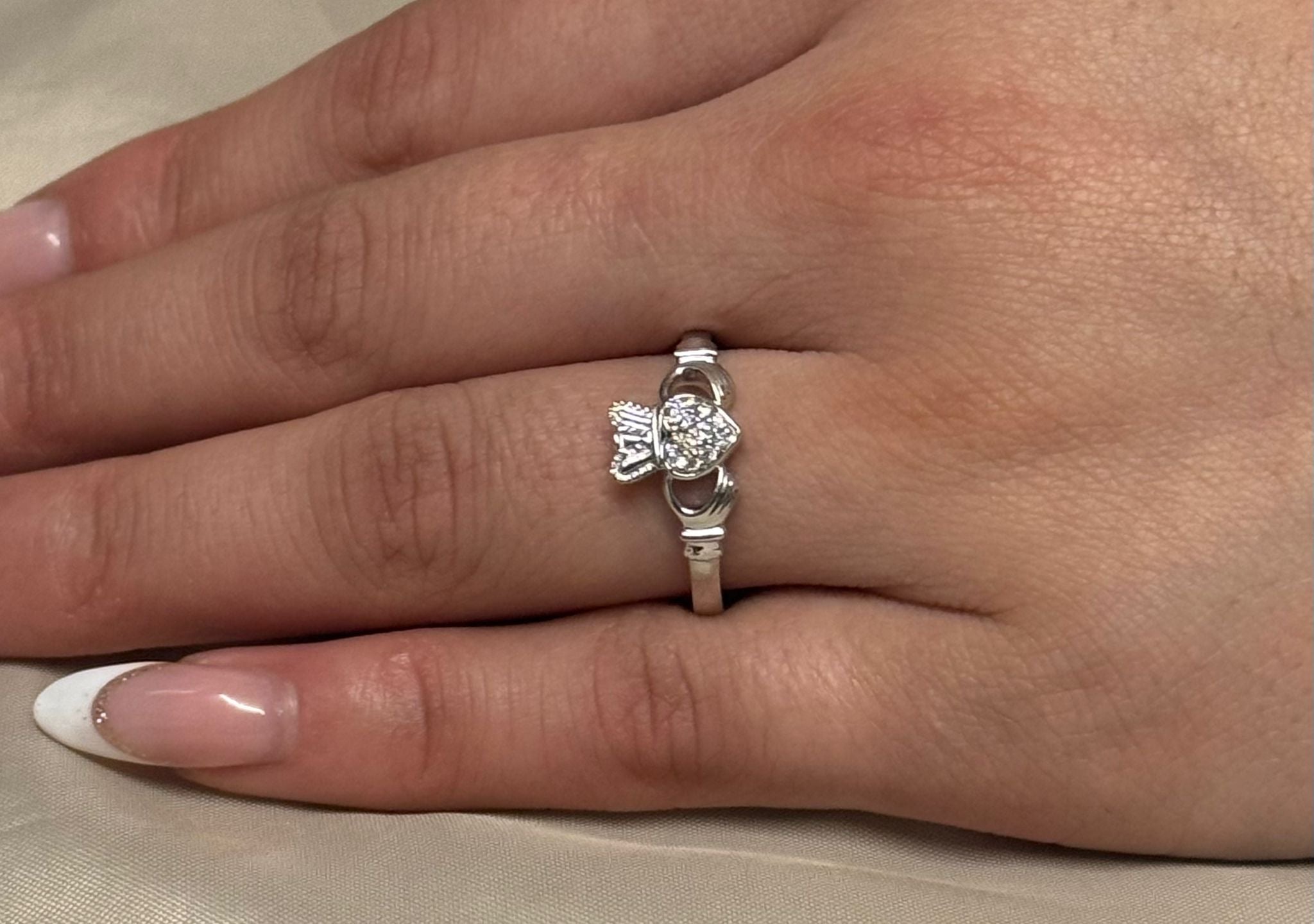9K White Gold Diamond Heart Claddagh Ring