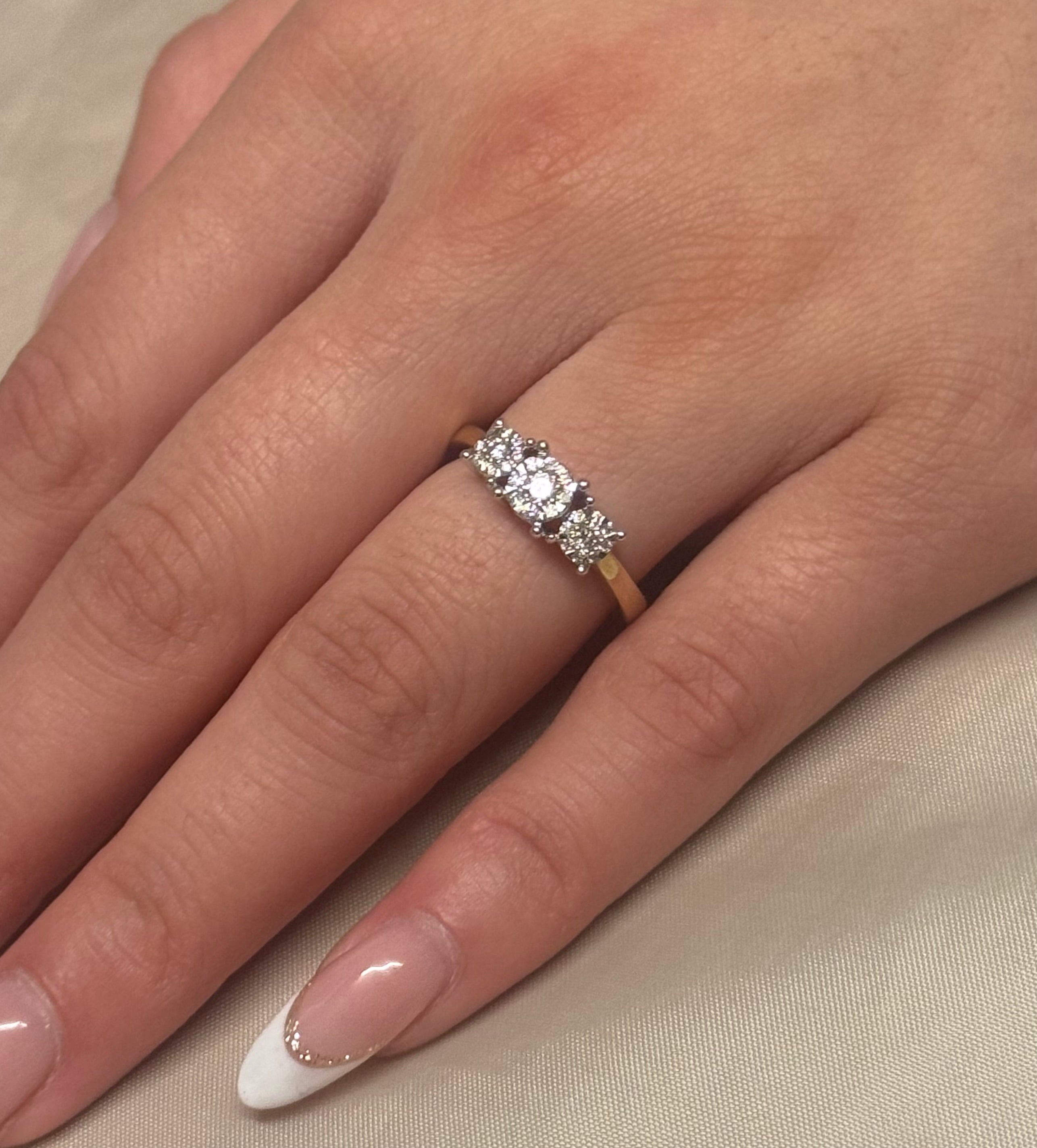 9K Yellow Gold Three Stone Diamond Illusion Ring
