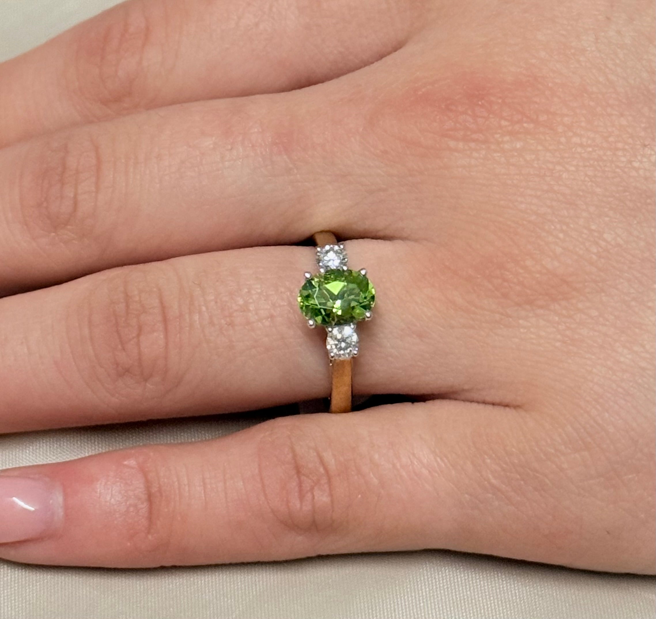 9K Yellow Gold Peridot and Diamond Three Stone Ring