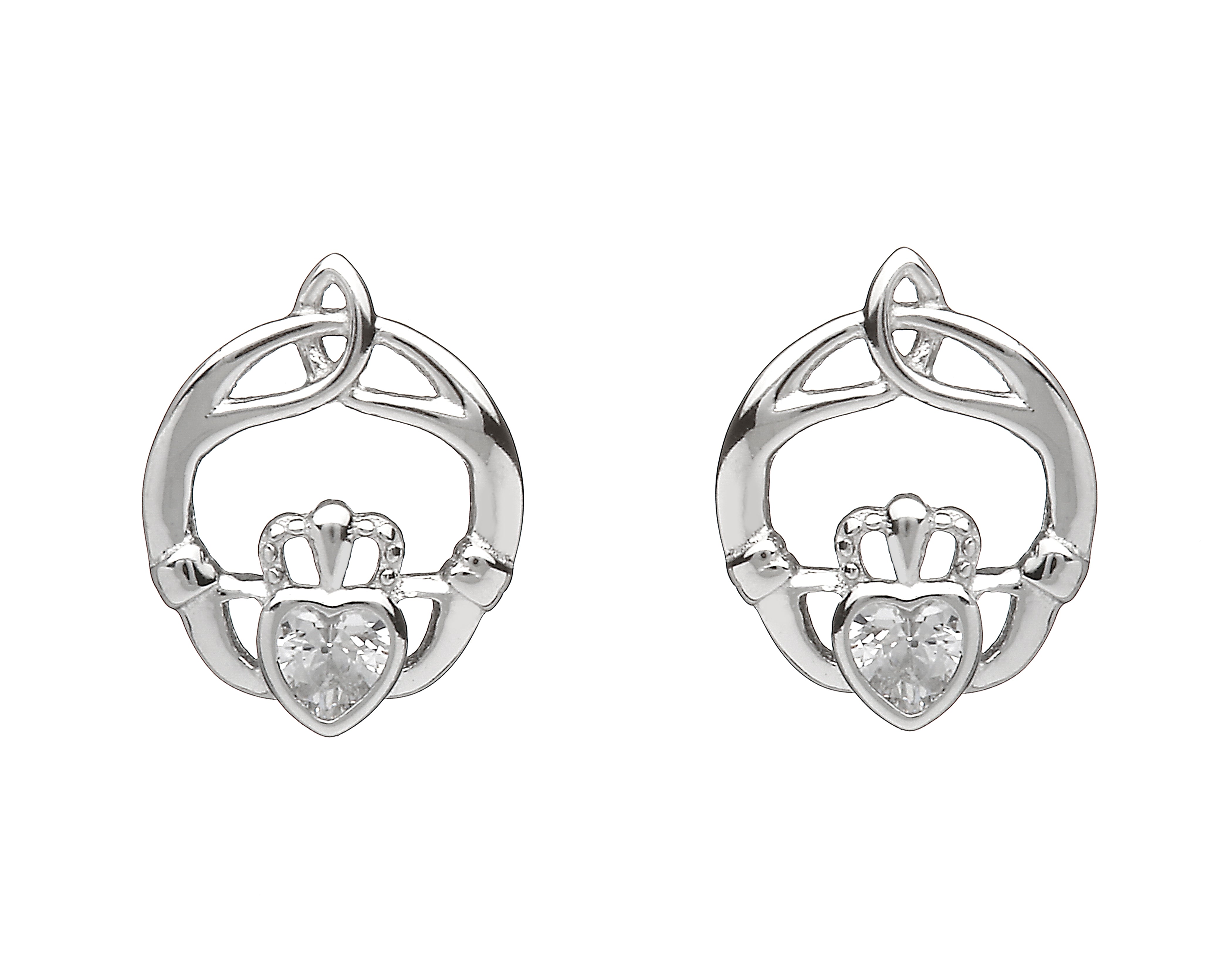Sterling Silver April Birthstone Claddagh Earrings