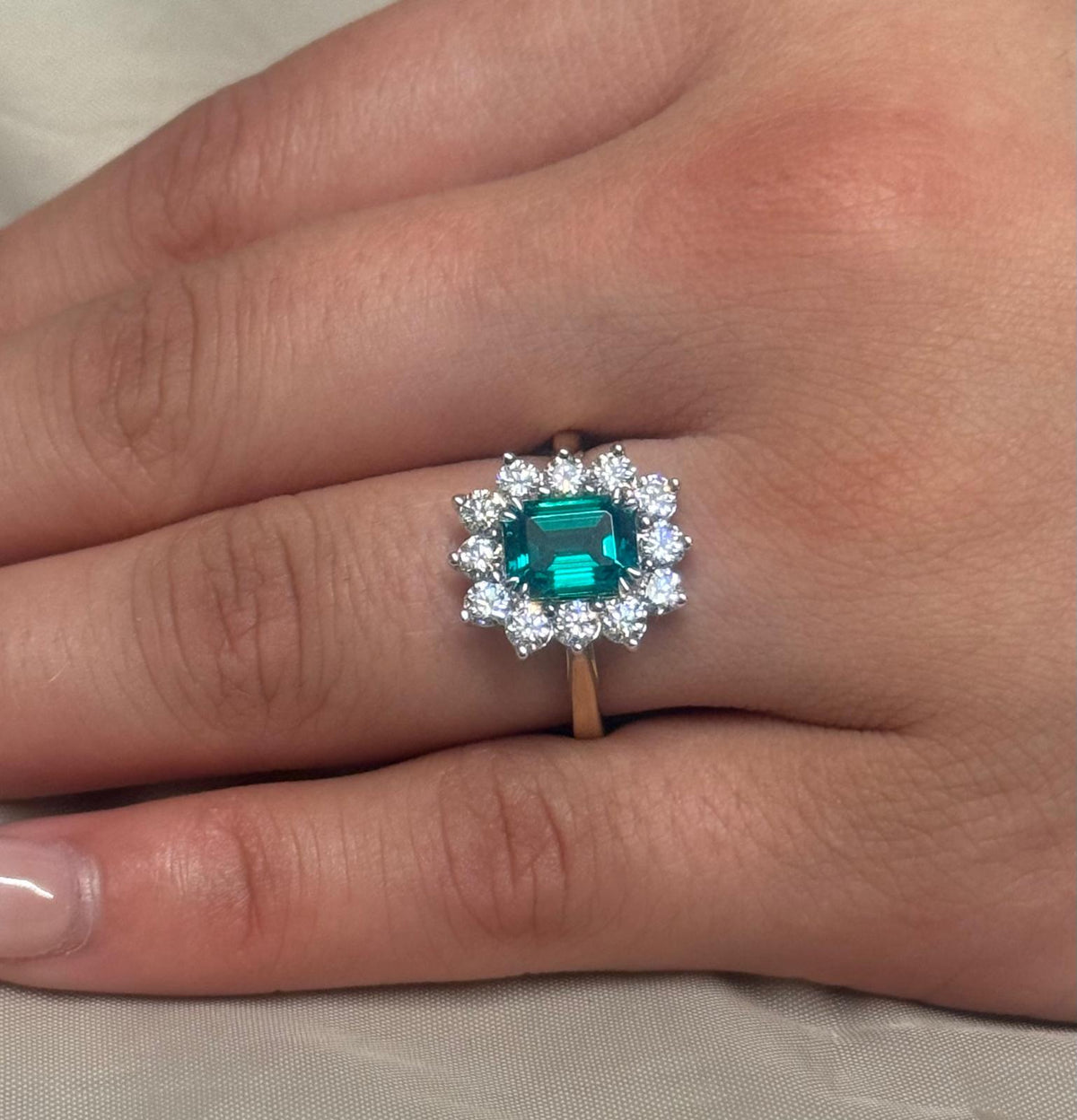 9ct Yellow Gold Lab Grown Emerald Cut Emerald and Diamond Cluster Ring