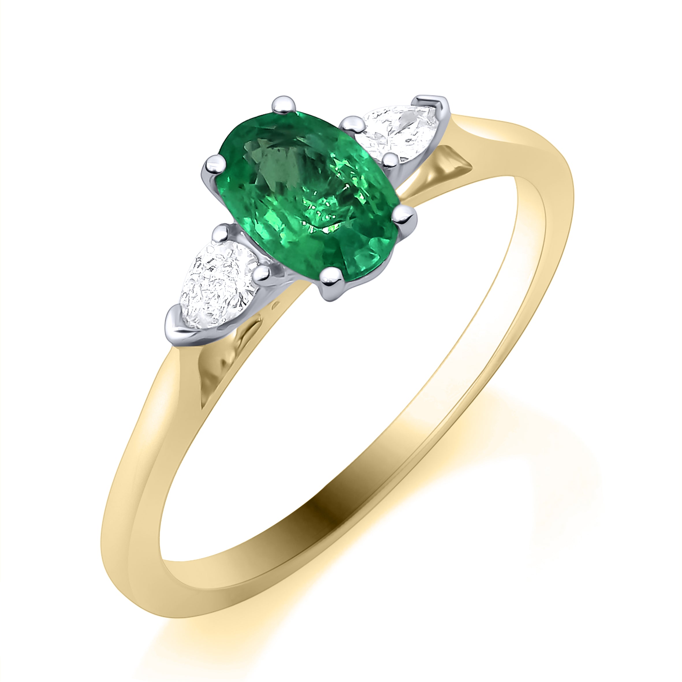 9K Yellow Gold Oval Emerald with Pear Diamond Side Stones