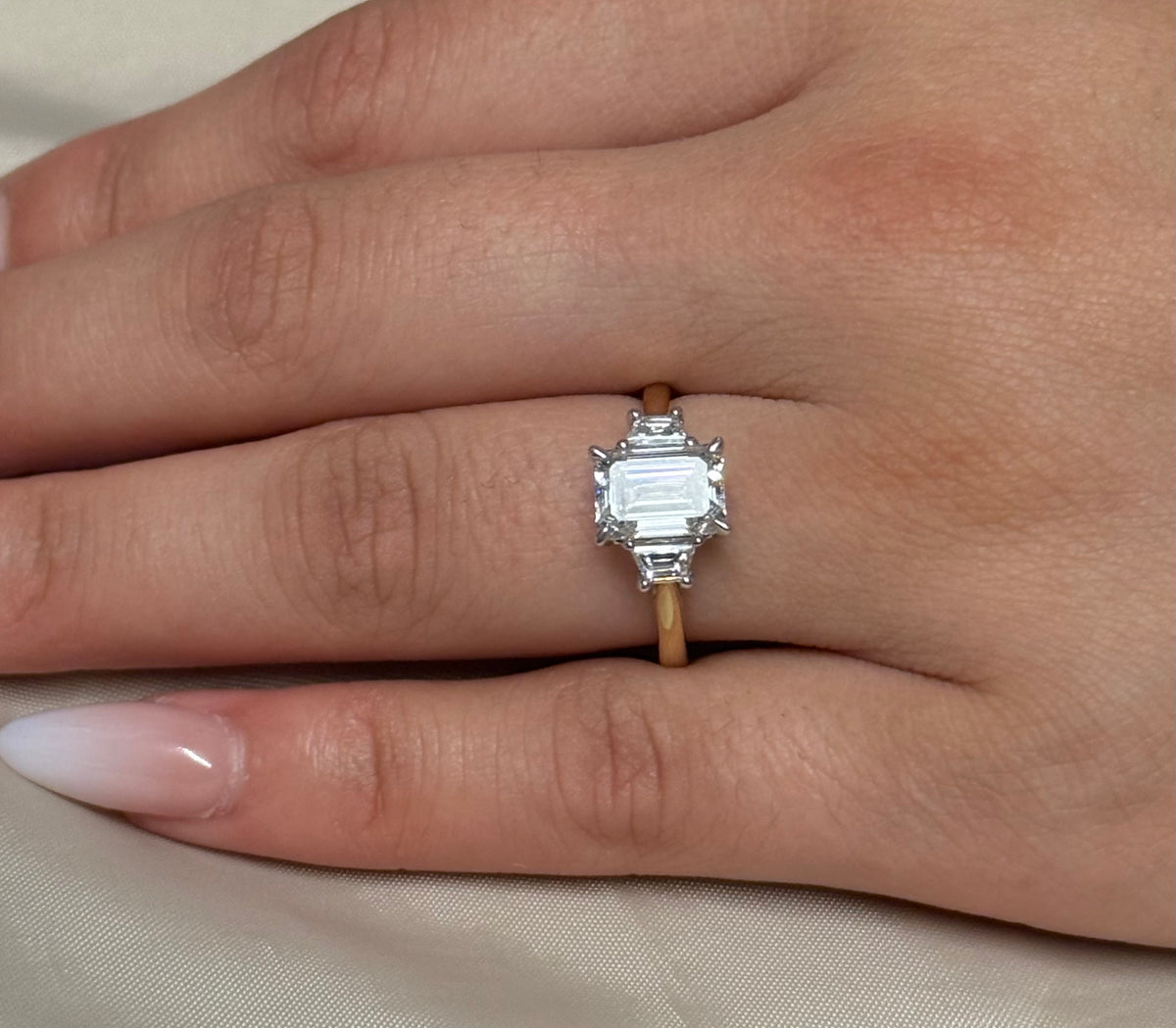 9K Yellow Gold 2.42ct Laboratory Grown Emerald Cut and Trapezoid Three Stone Ring