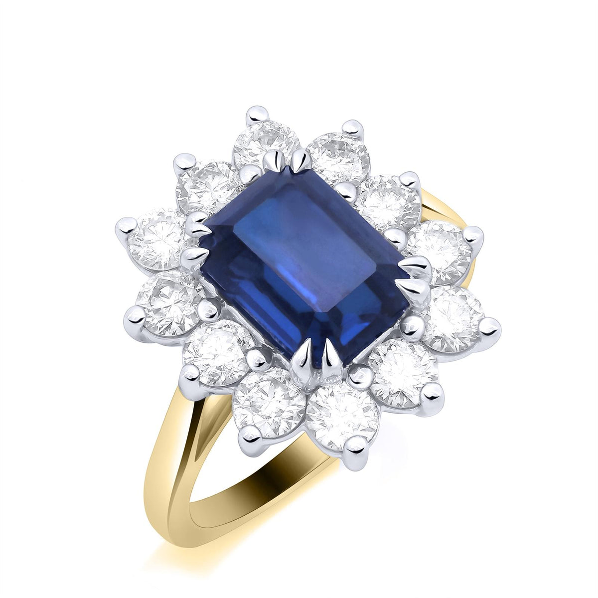 9ct Yellow Gold Lab Grown Emerald Cut Sapphire and Diamond Cluster Ring