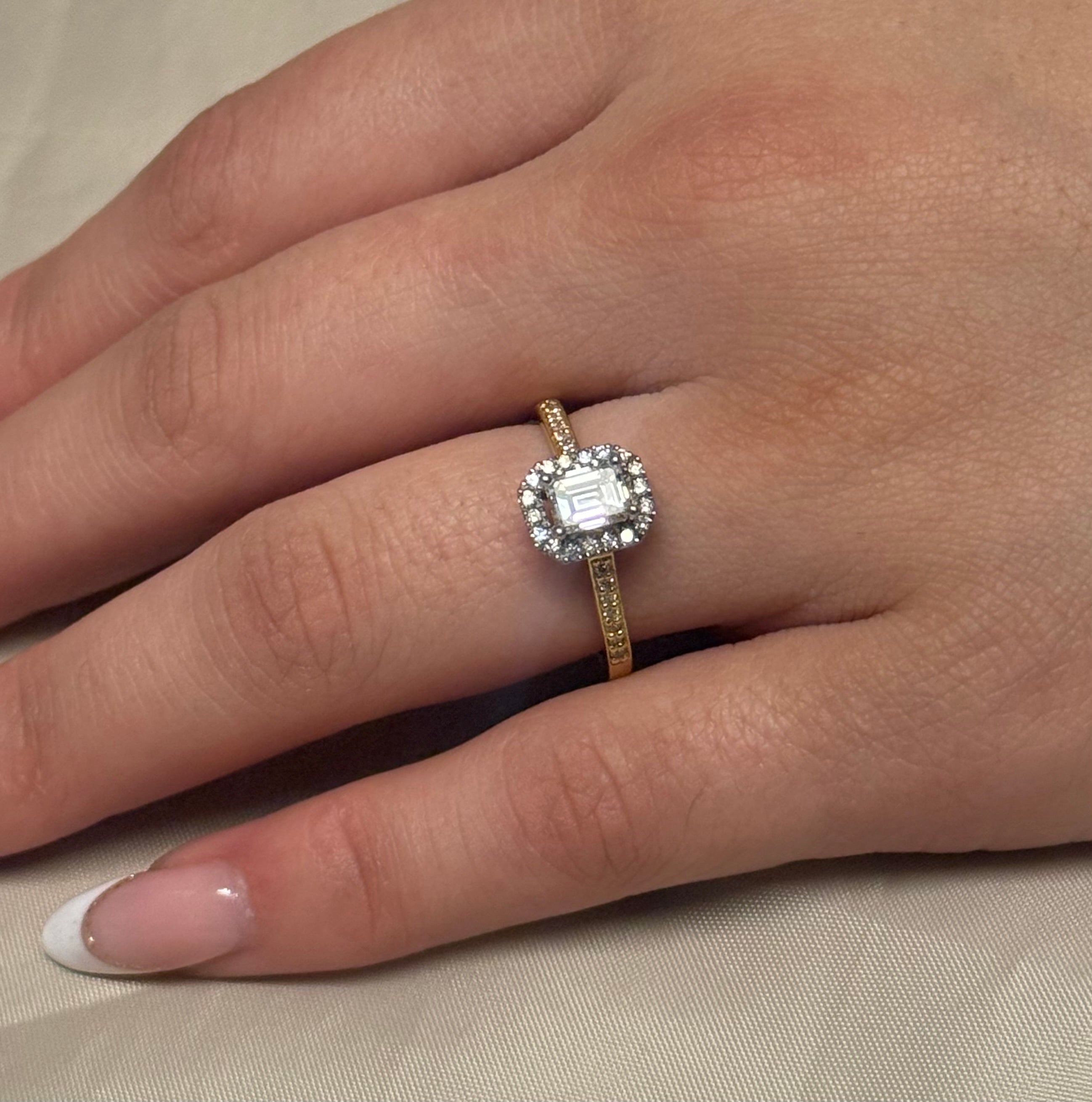 18K Yellow Gold Emerald Cut Halo with Diamond Band