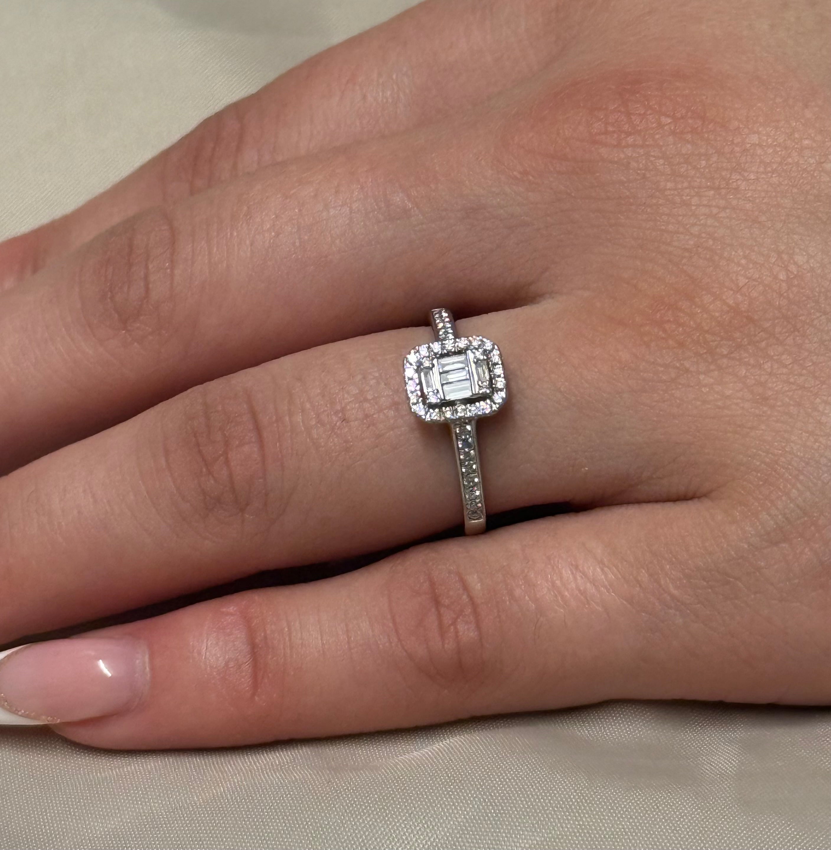 9K White Gold Emerald Cut Halo with Diamond Band