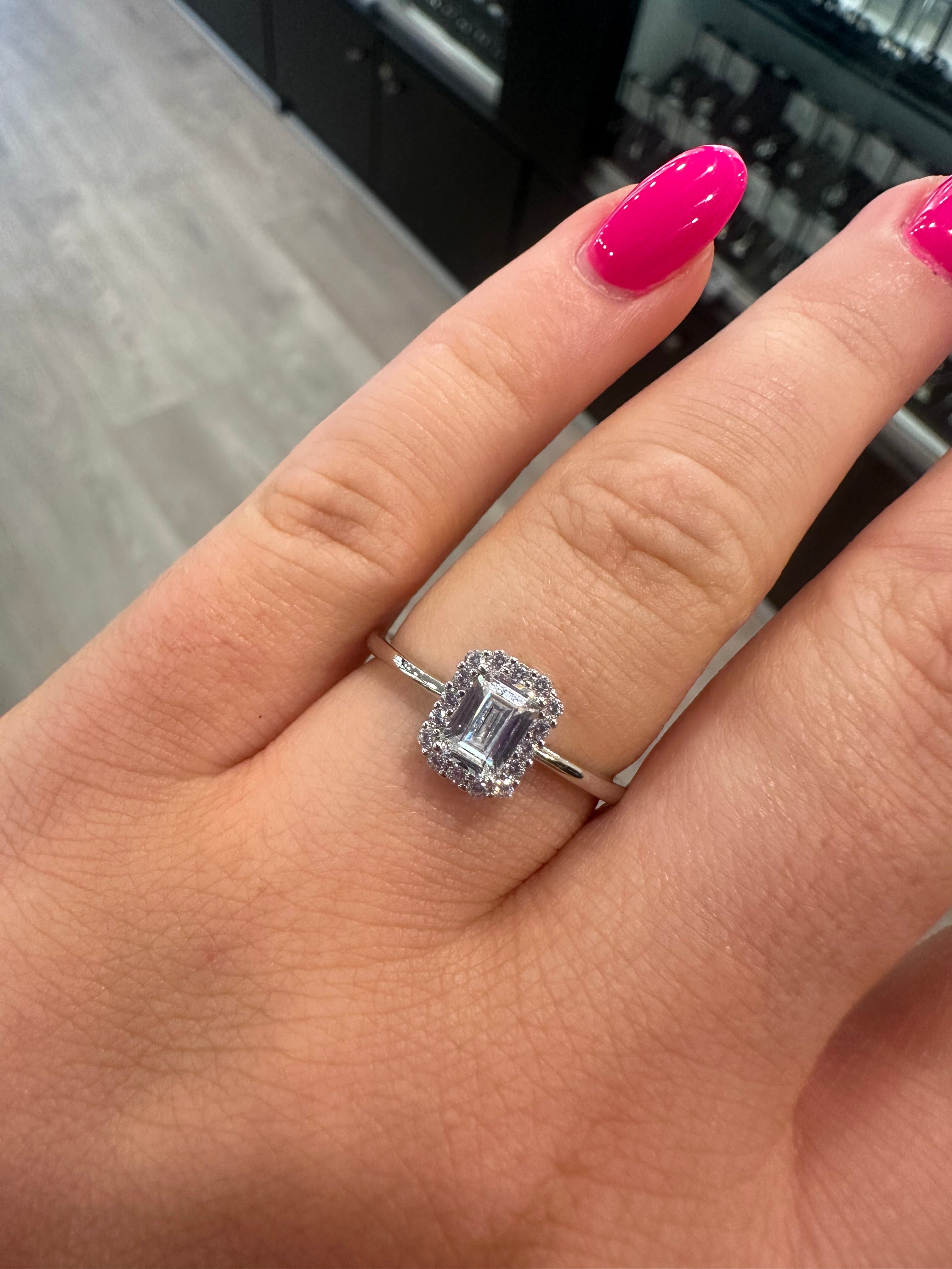 Sterling Silver Emerald Cut Cz Halo Ring