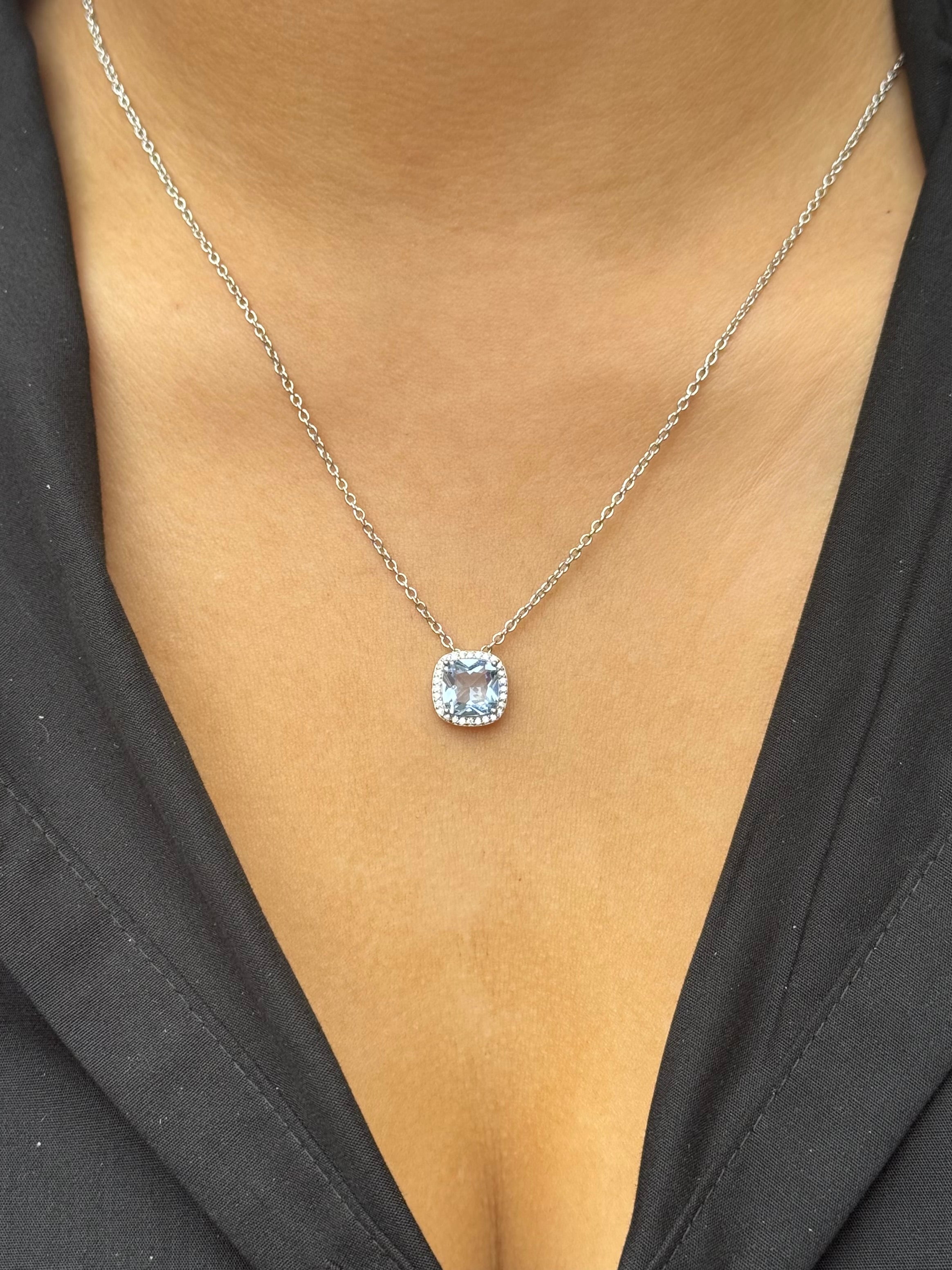 Sterling Silver Aqua Cz Cushion Shaped Halo Necklace