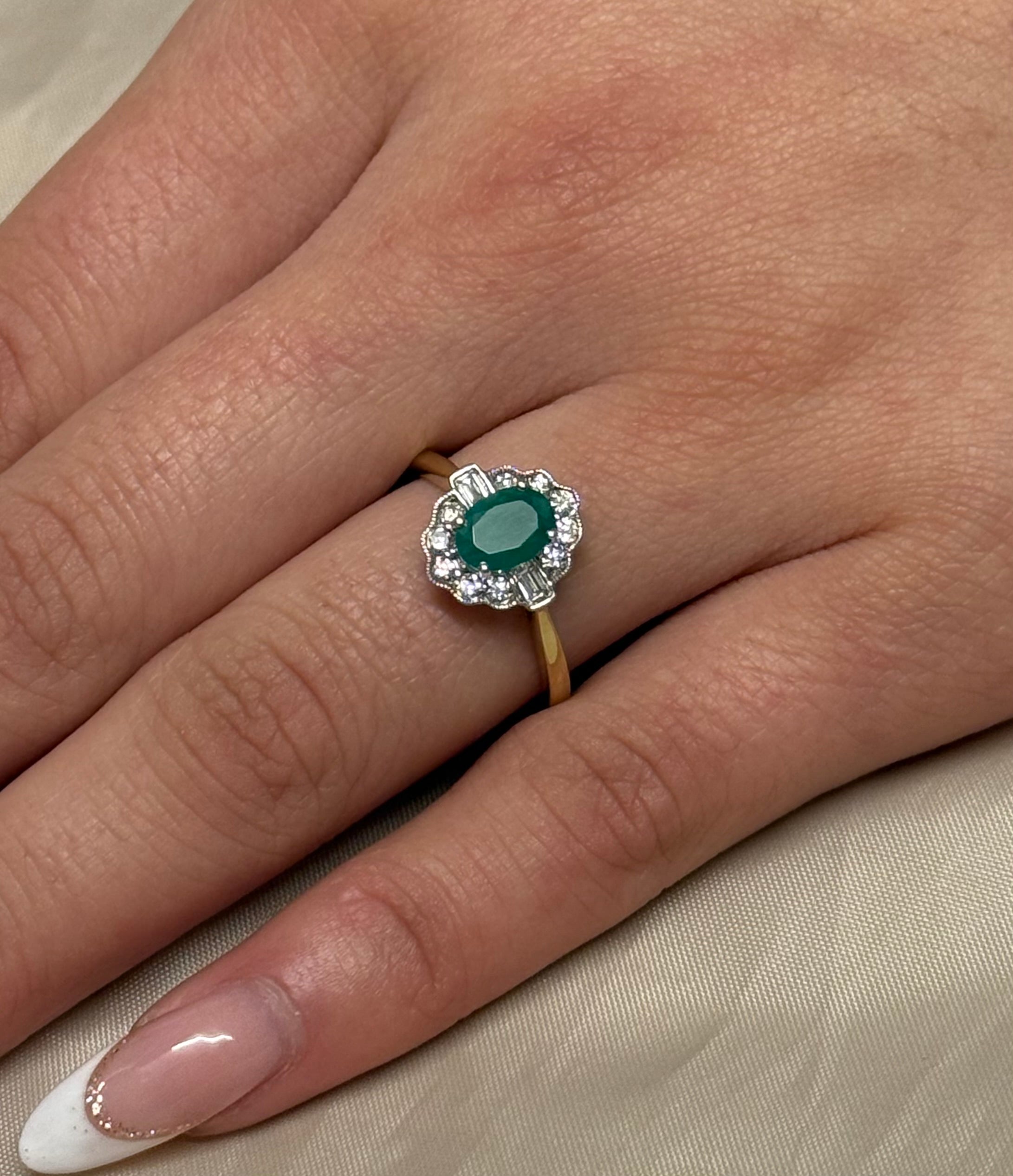 9K Yellow Gold Oval Emerald and Diamond Cluster with Baguette side stones