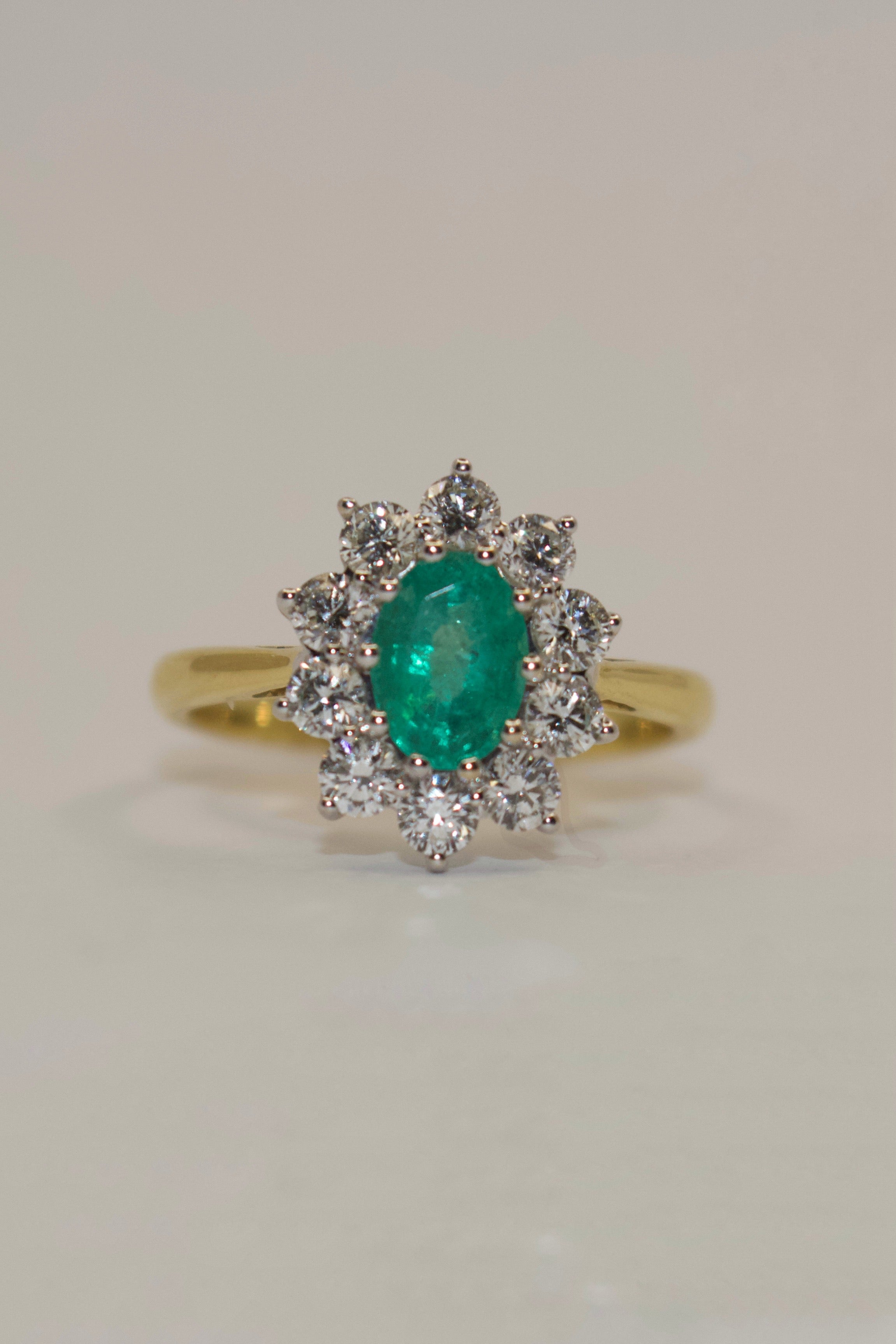 18K Yellow Gold Medium Emerald and Diamond Cluster Ring