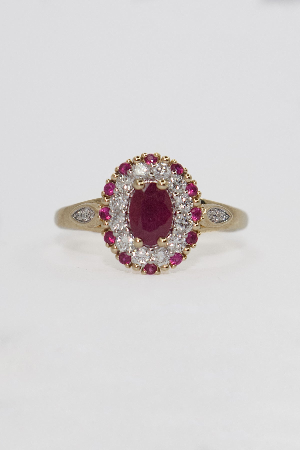 9K Yellow Gold Ruby and Diamond Vintage Style Oval Ring