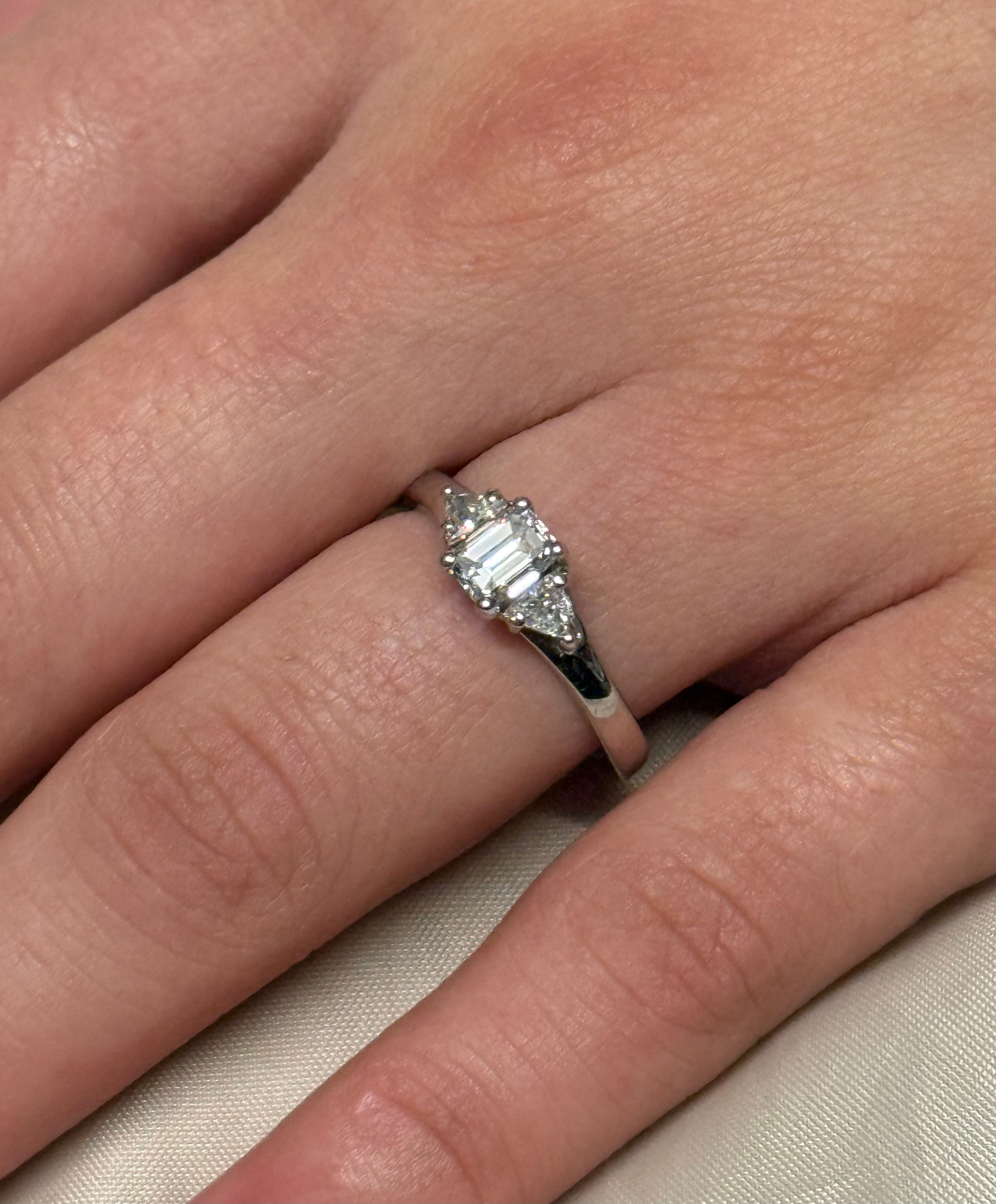 18K White Gold Emerald and Trillion Cut Three Stone Diamond Ring