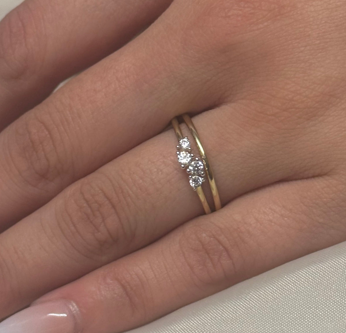 9K Yellow Gold CZ Staggered Four Stone on Split Band