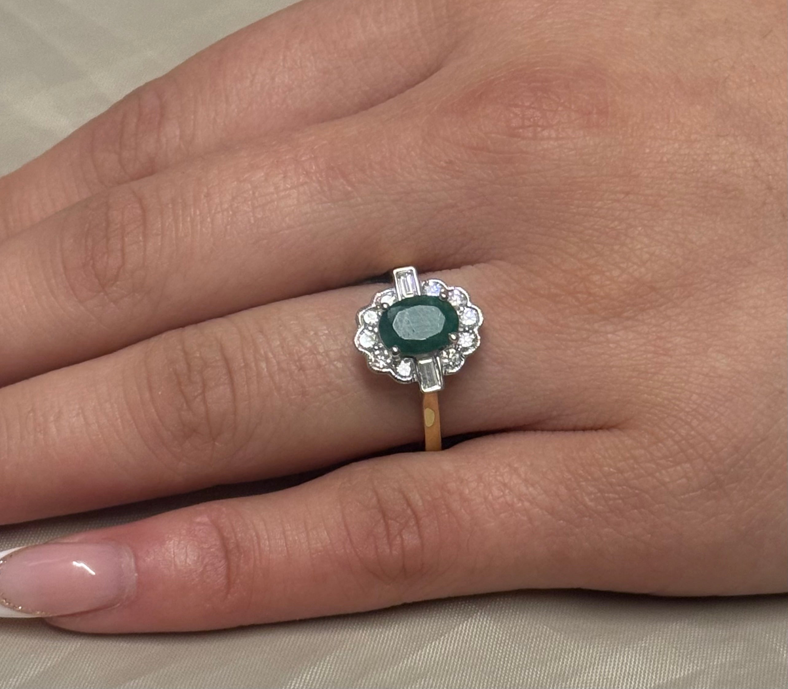 9K Yellow Gold Emerald and Diamond Cluster with Baguette side stones