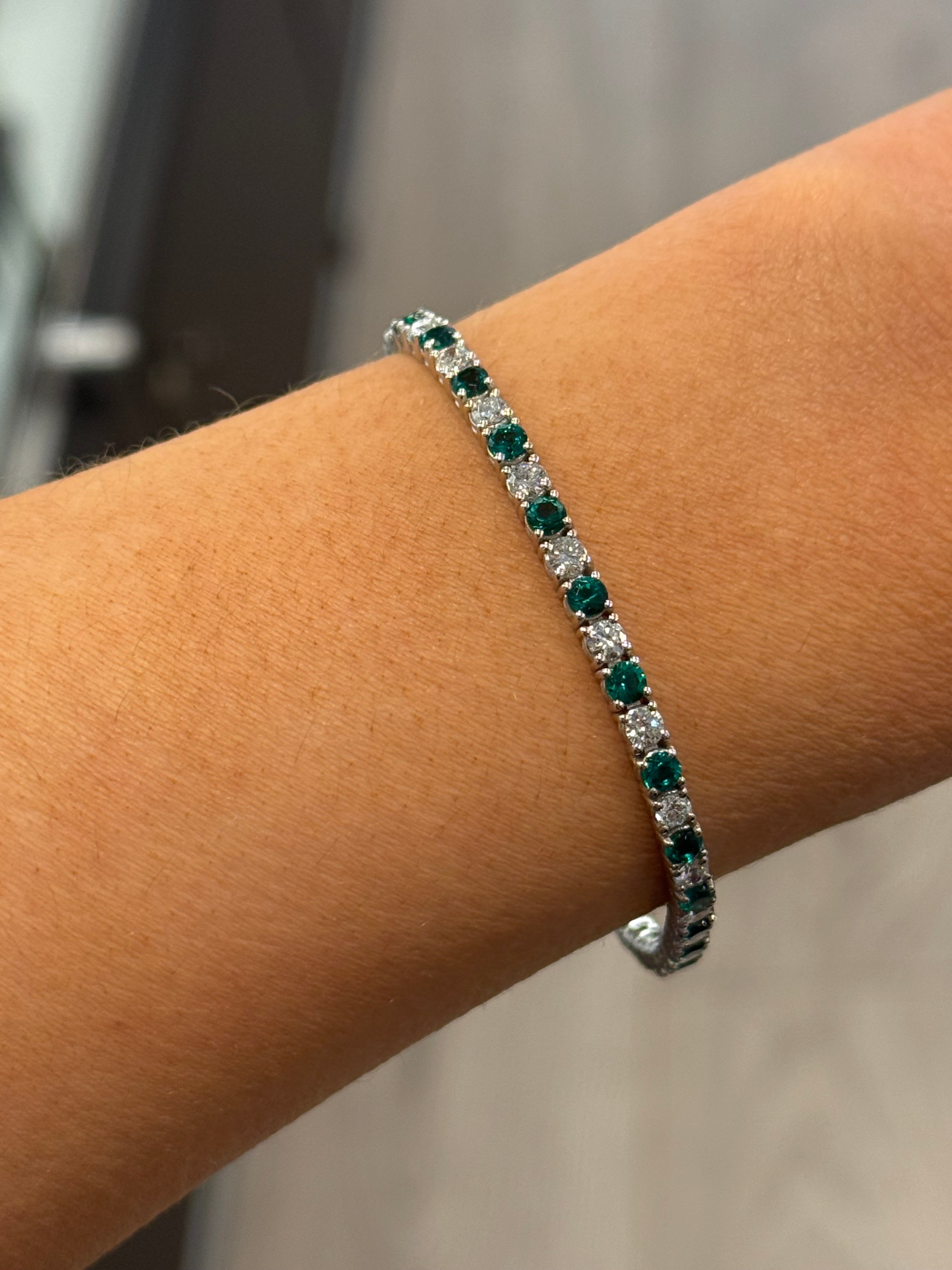 18K White Gold Laboratory Emerald and Diamond Tennis Bracelet