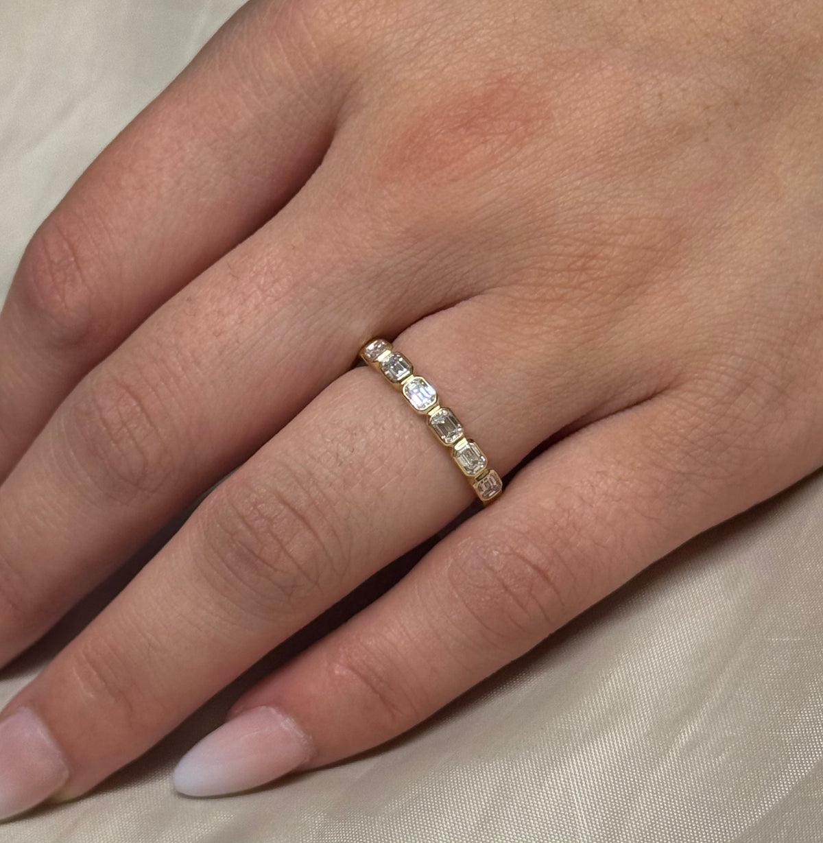 18K Yellow Gold 74pt Emerald Cut Bezel Band
