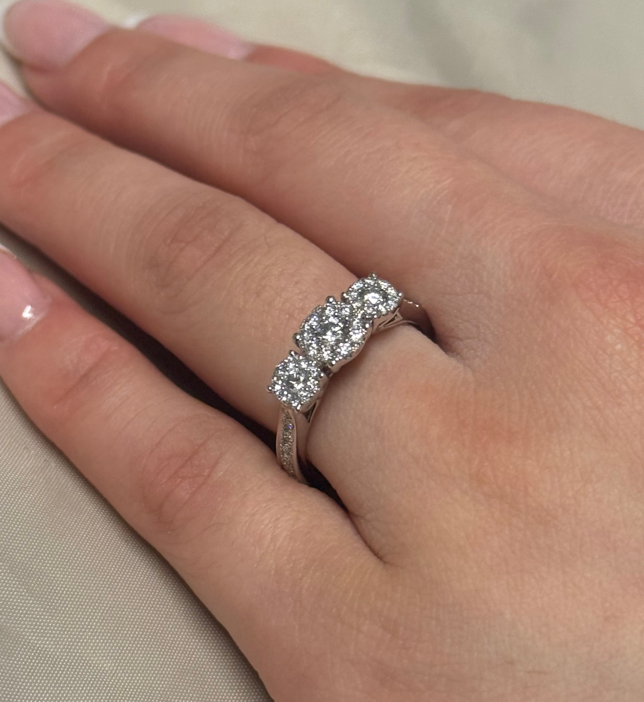 9K White Gold Illusion Three Stone with Diamond Band