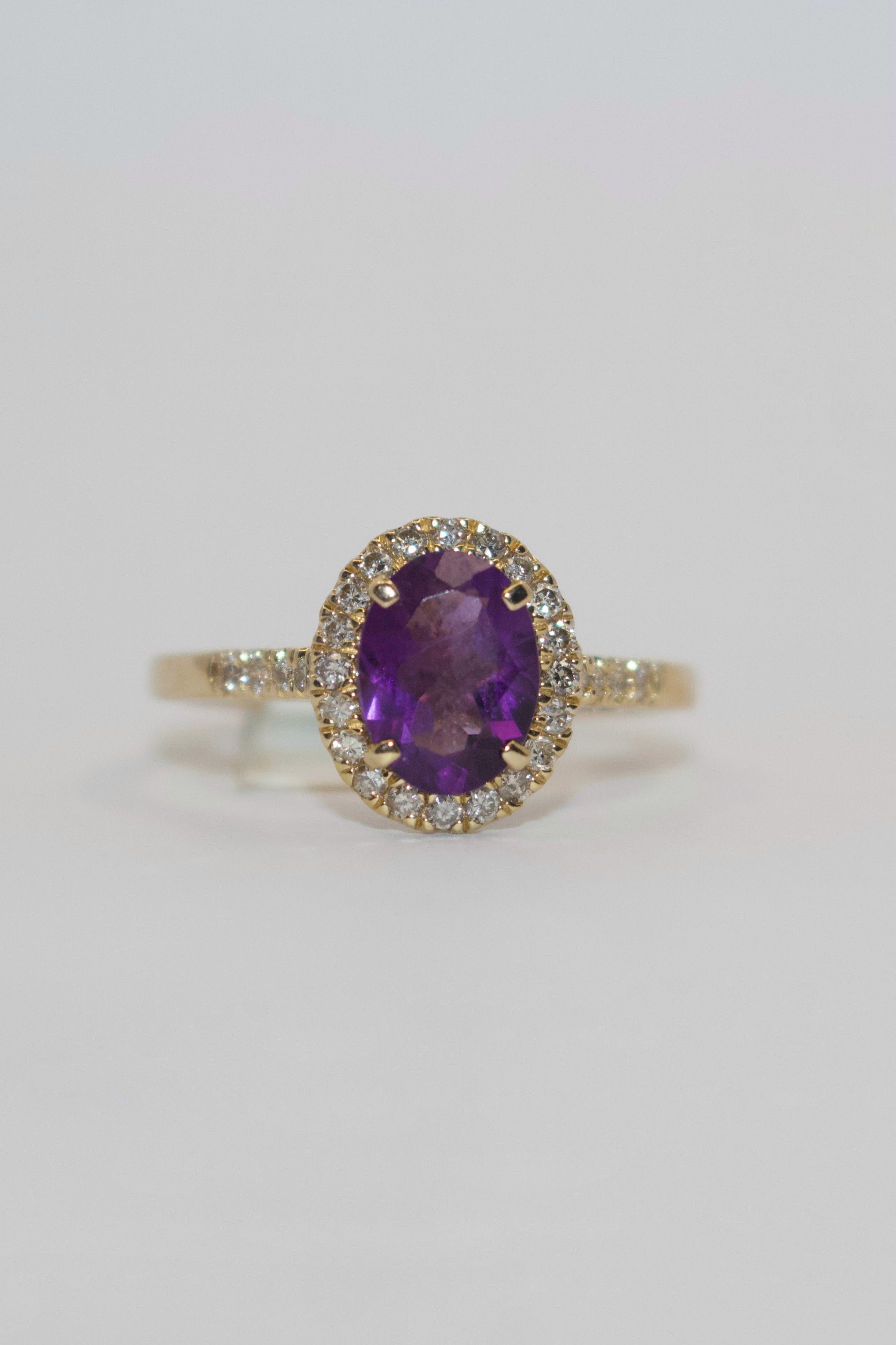 9K Yellow Gold Oval Amethyst with Diamond Halo and Band