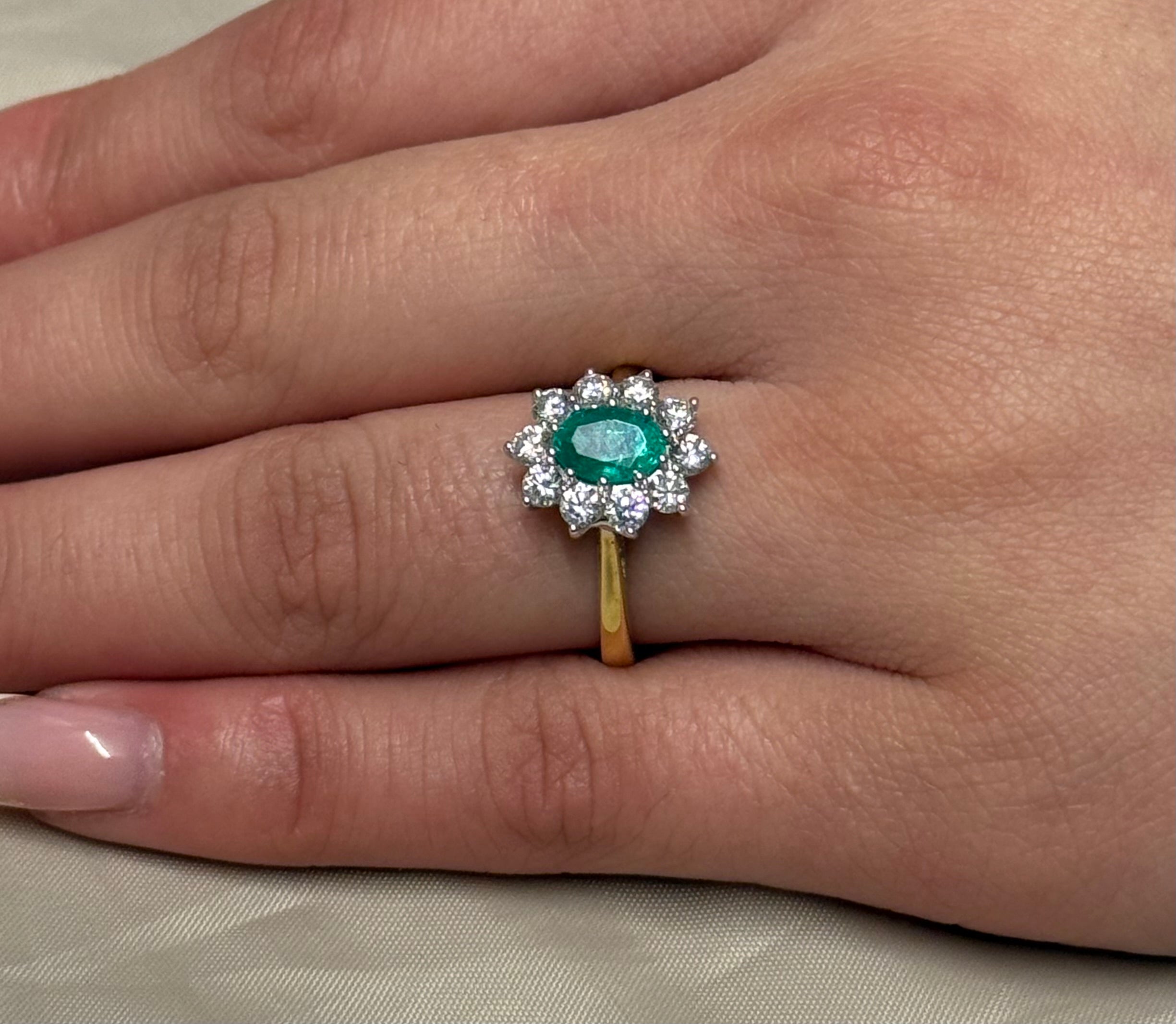 18K Yellow Gold Medium Emerald and Diamond Cluster Ring
