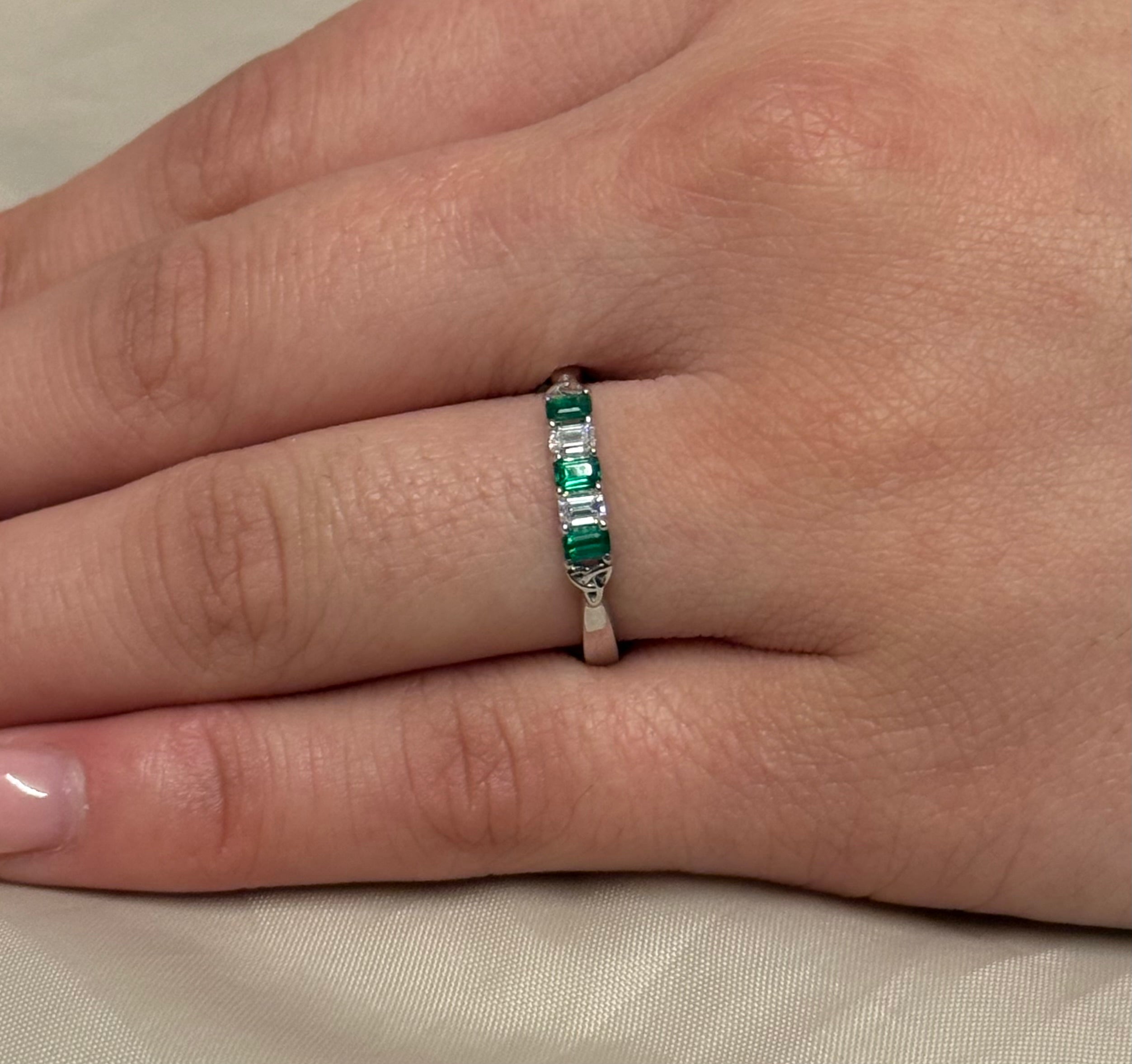 9K White Gold Five Stone Emerald Cut Laboratory Grown Emerald and Diamond Ring with Trinity Accent