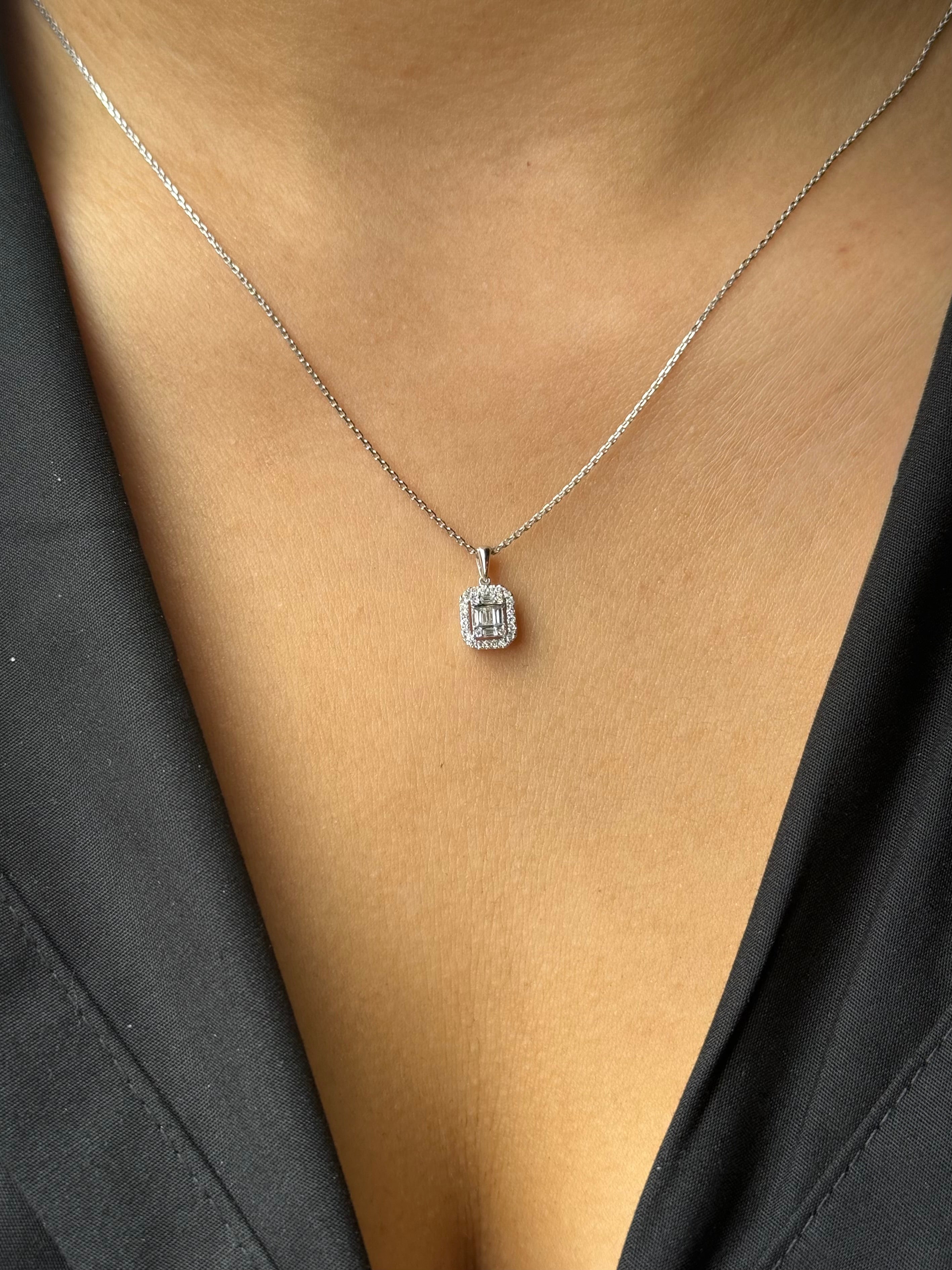 9ct White Gold Emerald Cut Style Diamond Halo Necklace