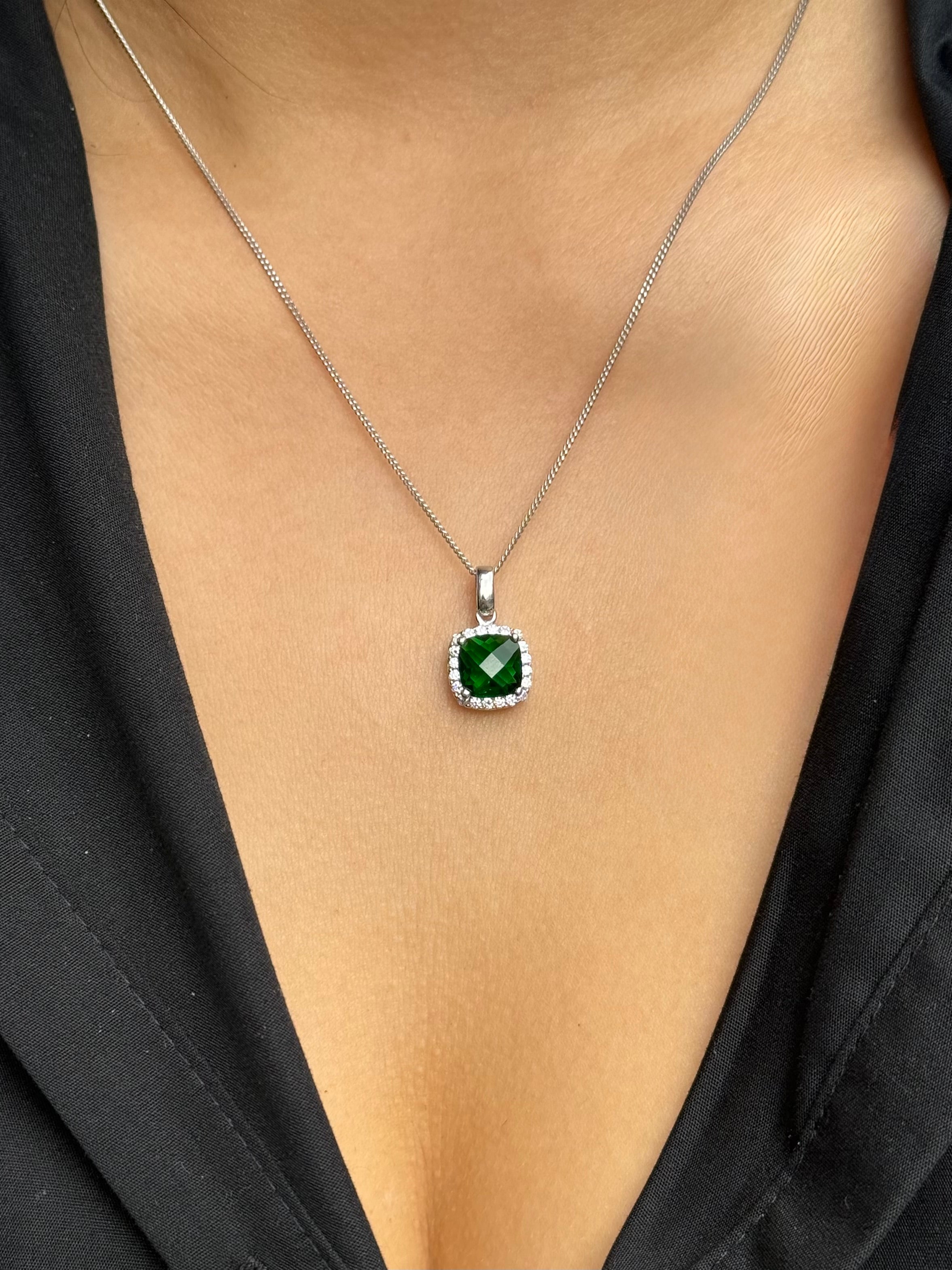 Sterling Silver Green Cz Cushion Shape Halo Pendant