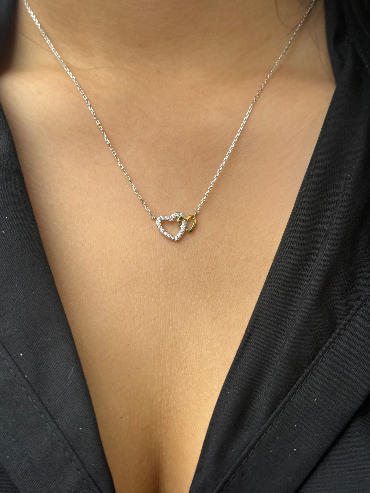 Sterling Silver & Gold Plated Cz Double Heart Necklace