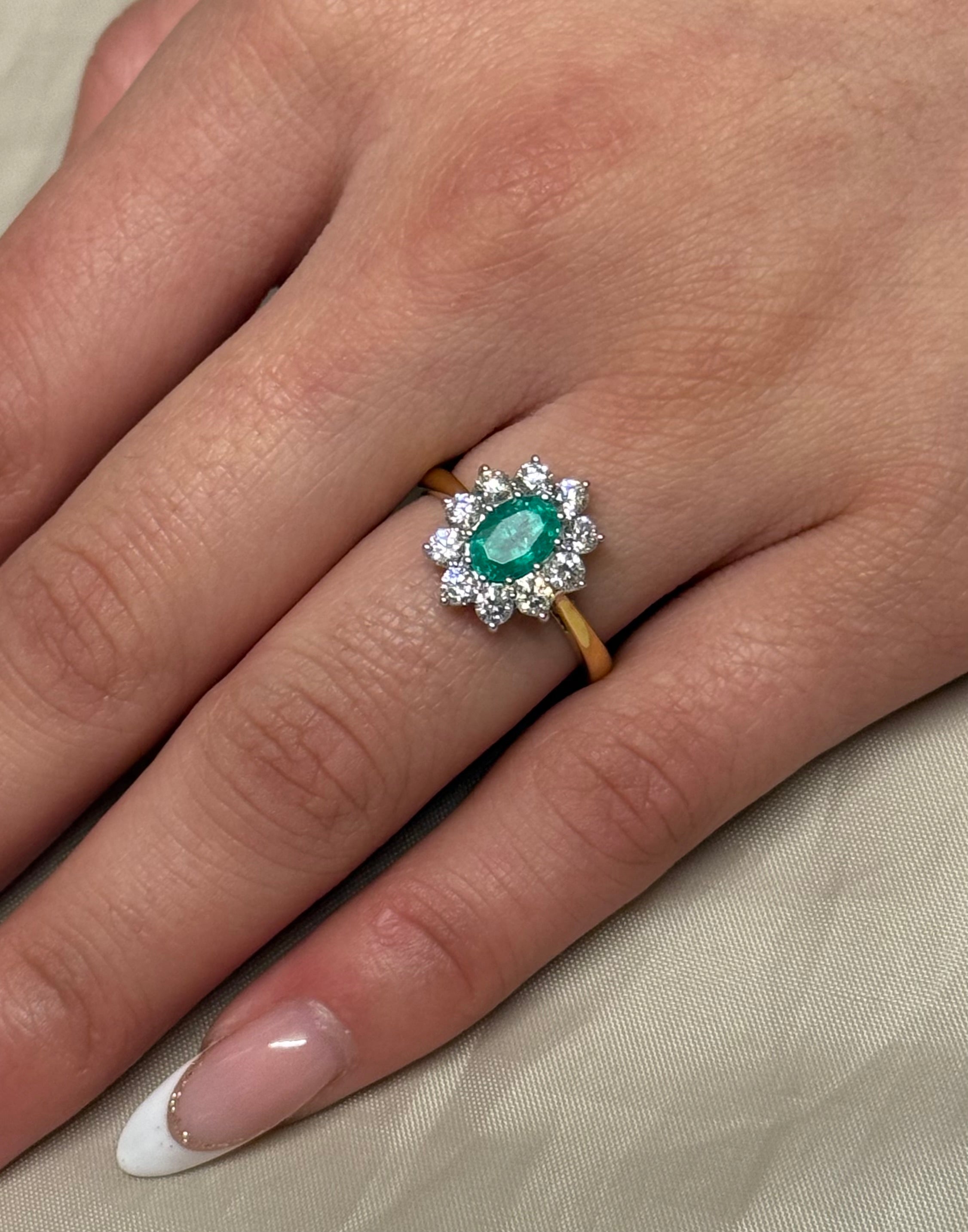 18K Yellow Gold Medium Emerald and Diamond Cluster Ring