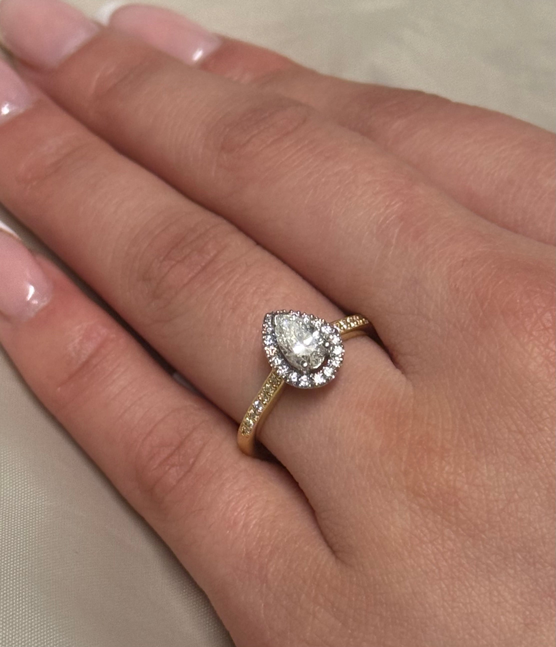18K Two Tone Gold Pear Halo With Diamond Band