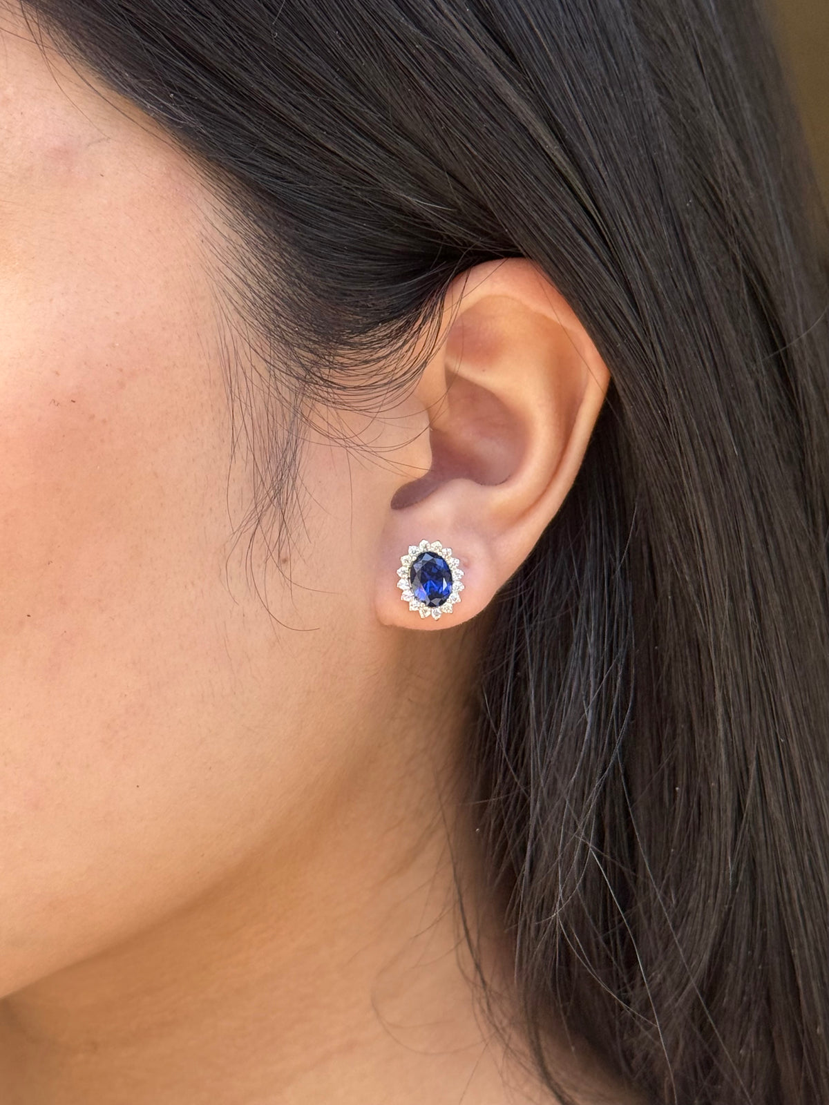9ct Yellow Gold Blue CZ Oval Studs With Halo