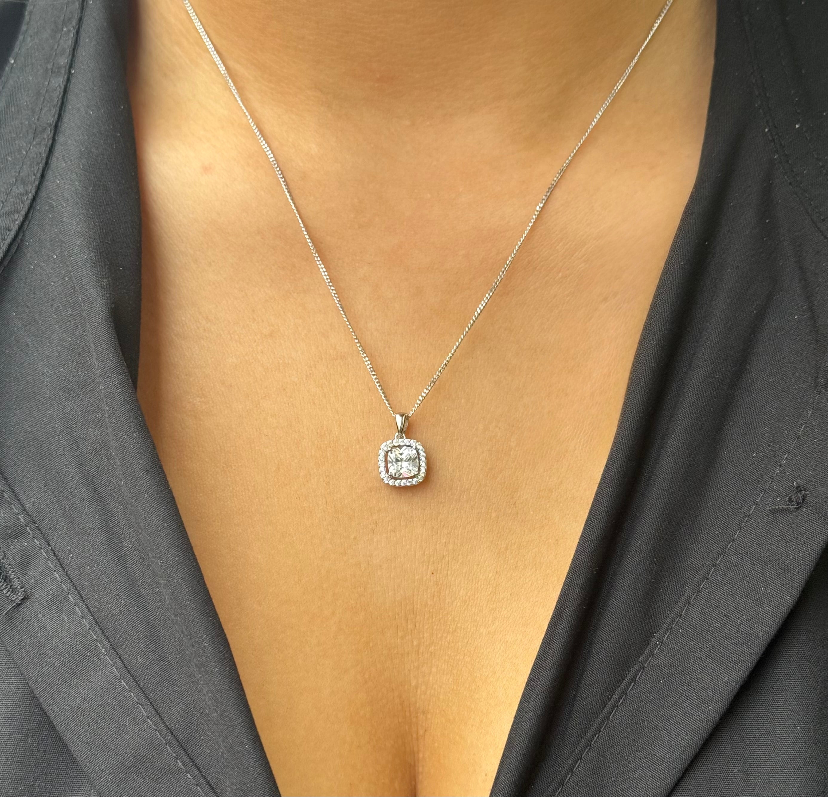 Sterling Silver Cushion Shaped Halo Necklace