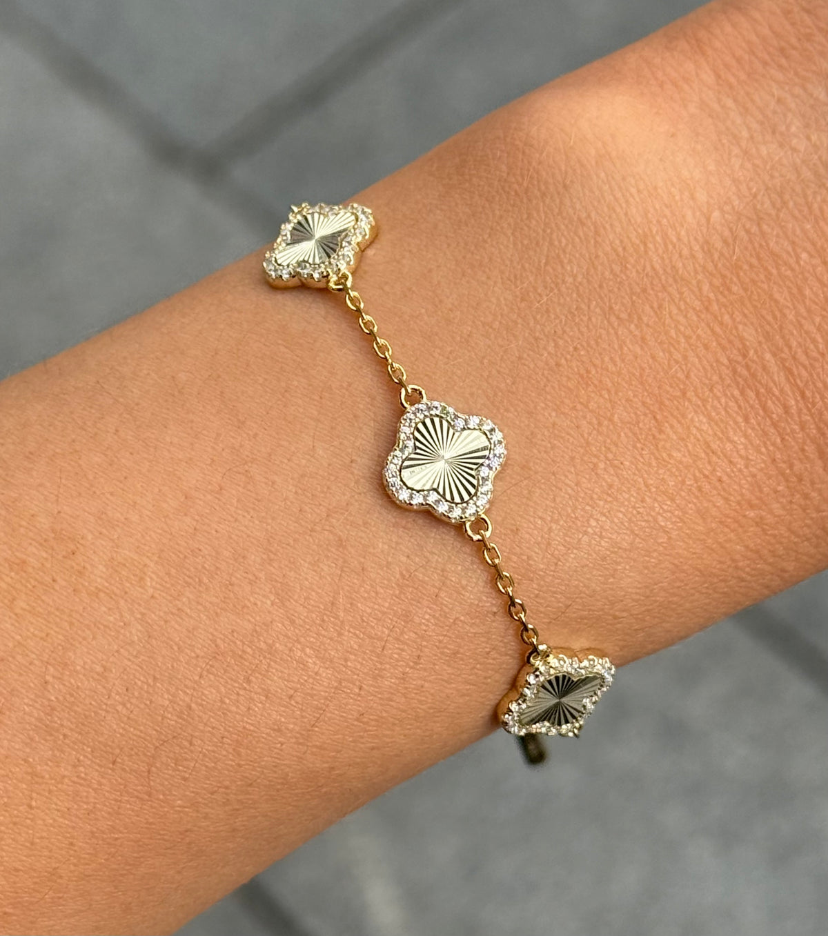 Gold Plated Sterling Silver Cz Clover Bracelet