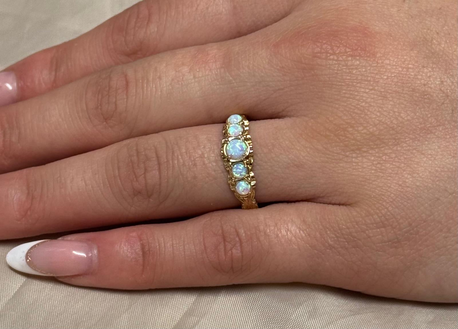 9K Yellow Gold Vintage Style Five Stone Opal Ring