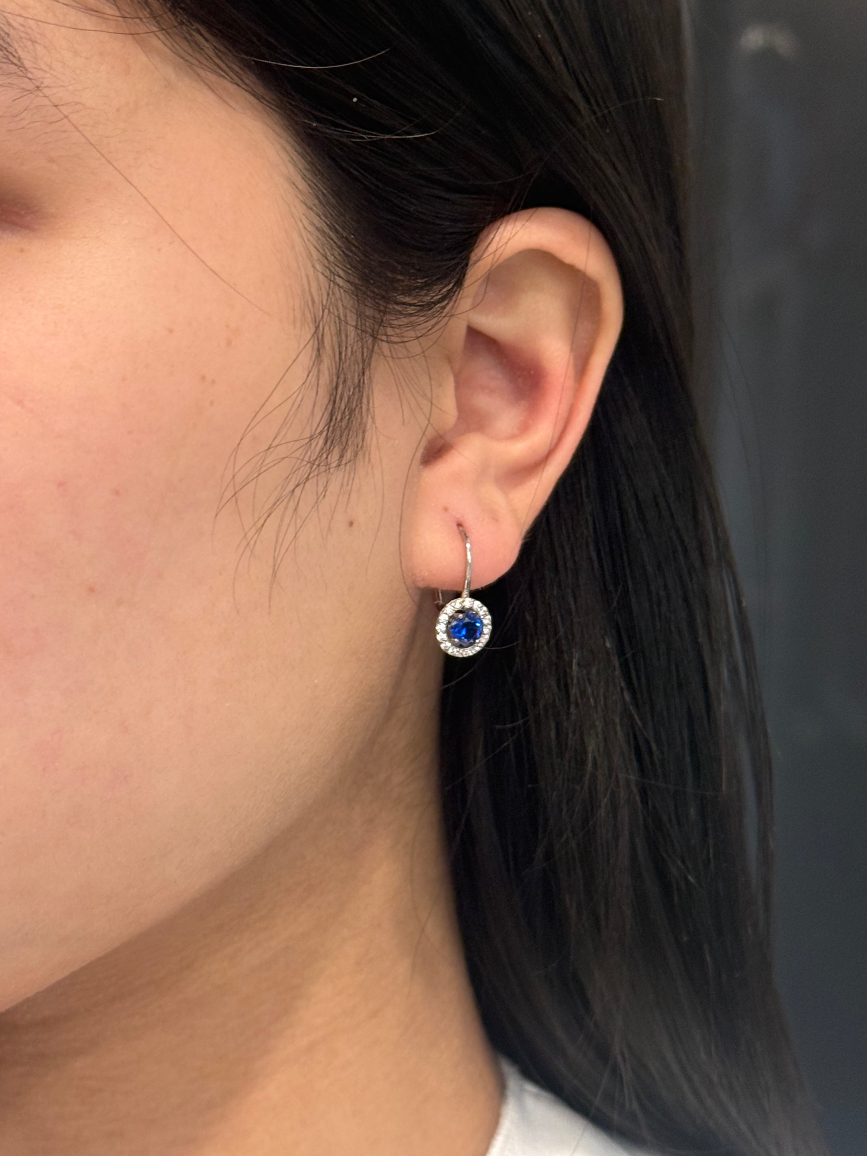 Sterling Silver Blue Cz Halo Drop Earrings