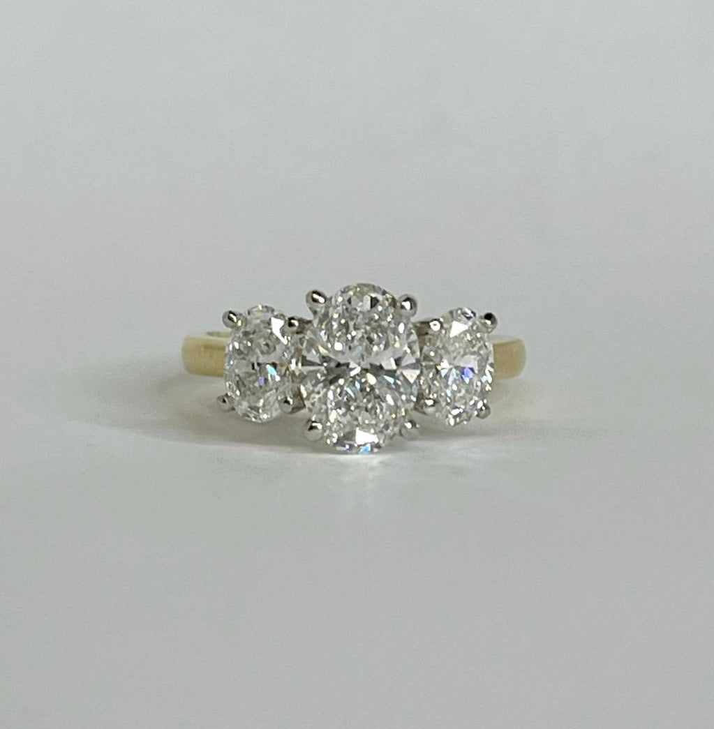 18K Yellow Gold 2.58ct Oval Laboratory Grown Diamond Three Stone Ring