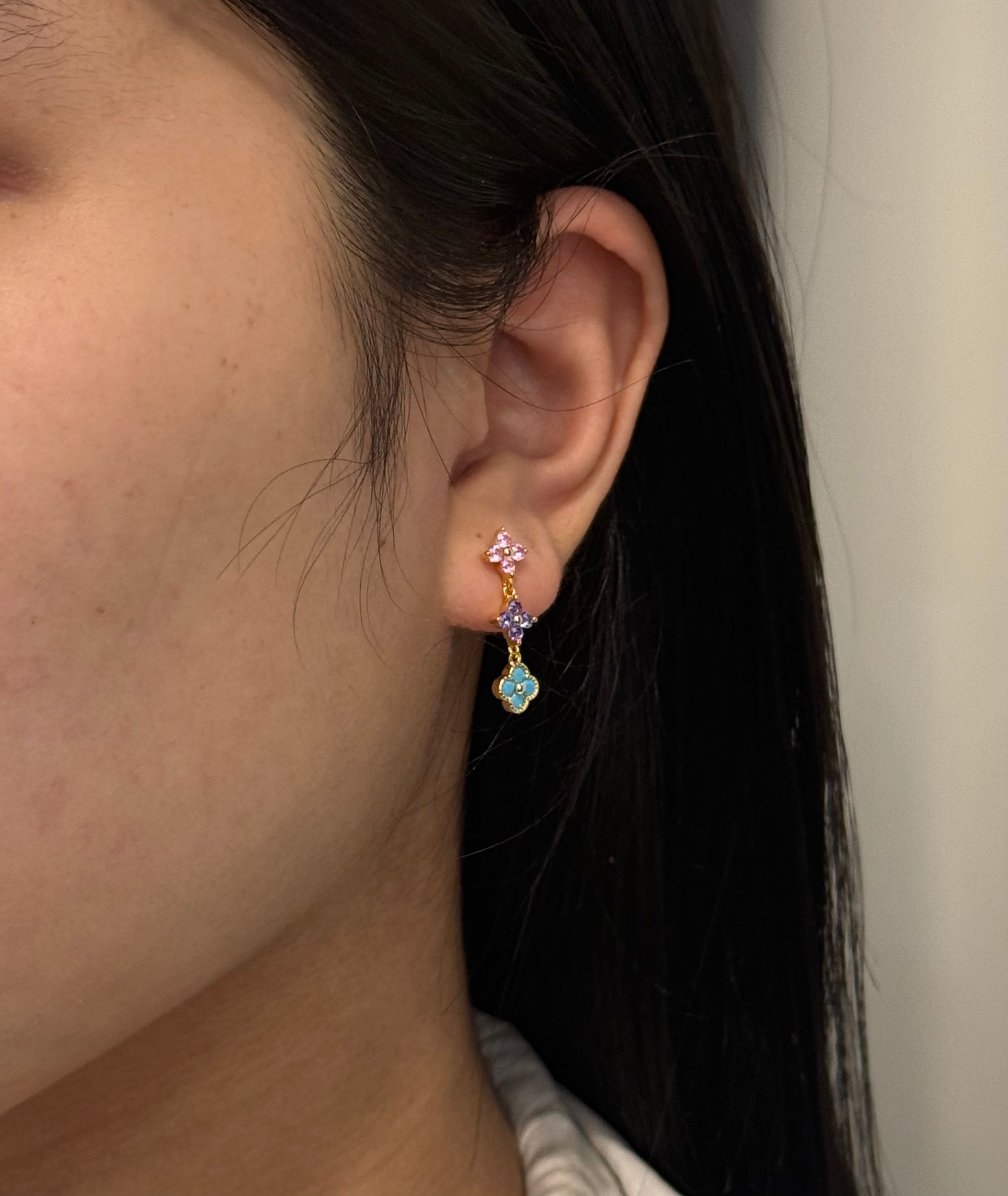 Gold Plated Sterling Silver Coloured Clover & Flower Drop Earrings