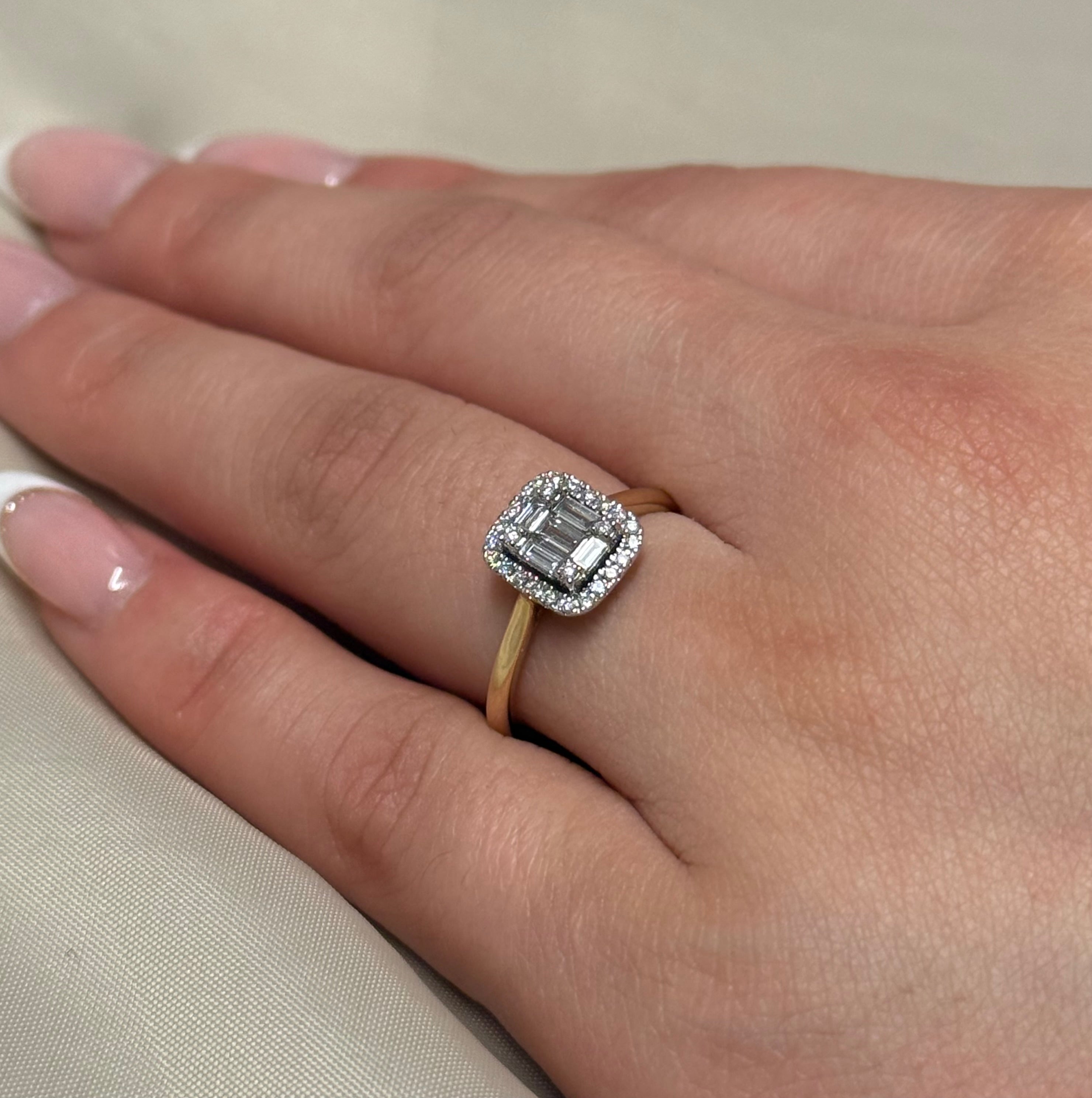 9K Yellow Gold Emerald Cut Cluster Halo Diamond Ring
