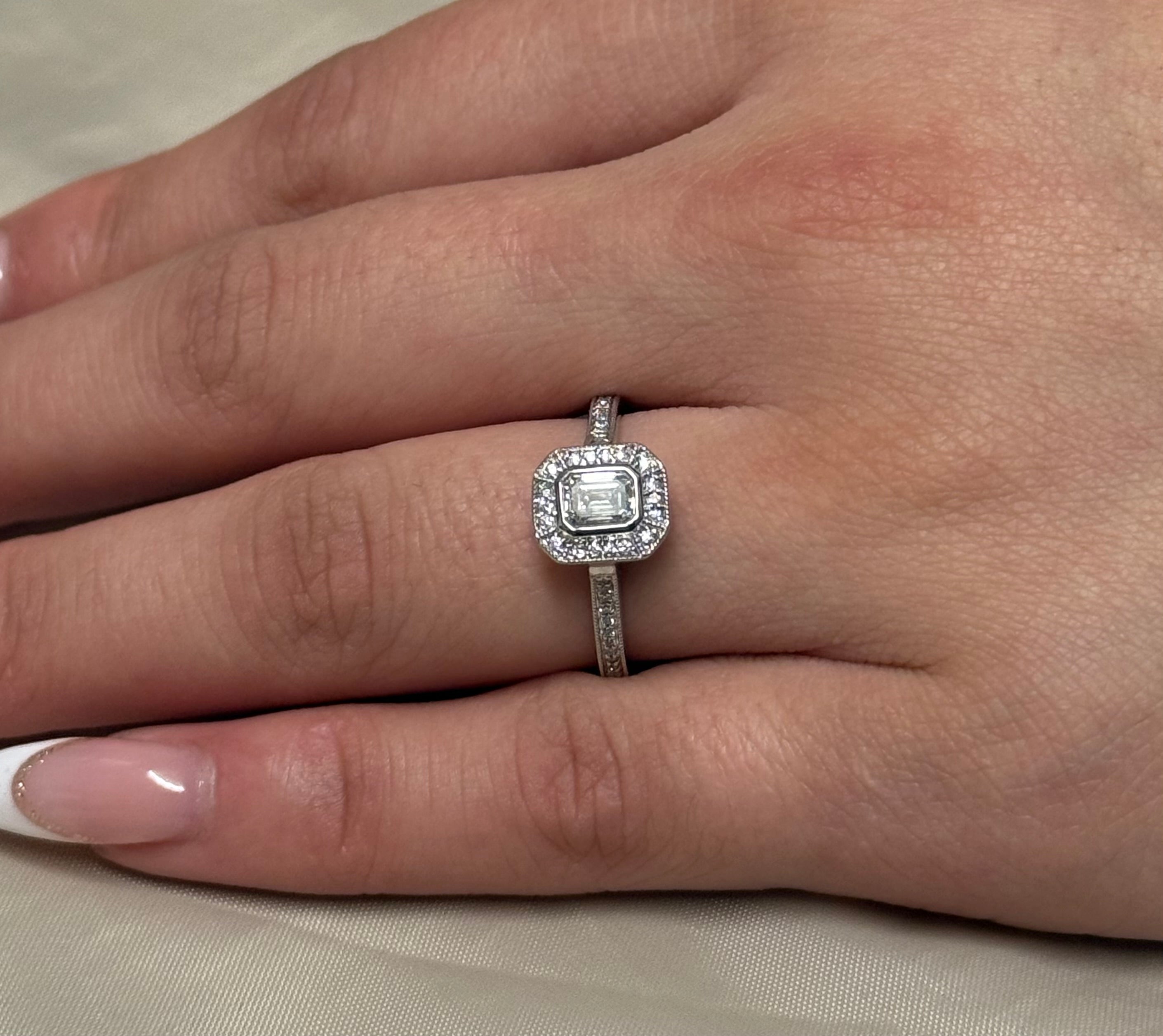18K White Gold Emerald Cut Halo with Diamond Band