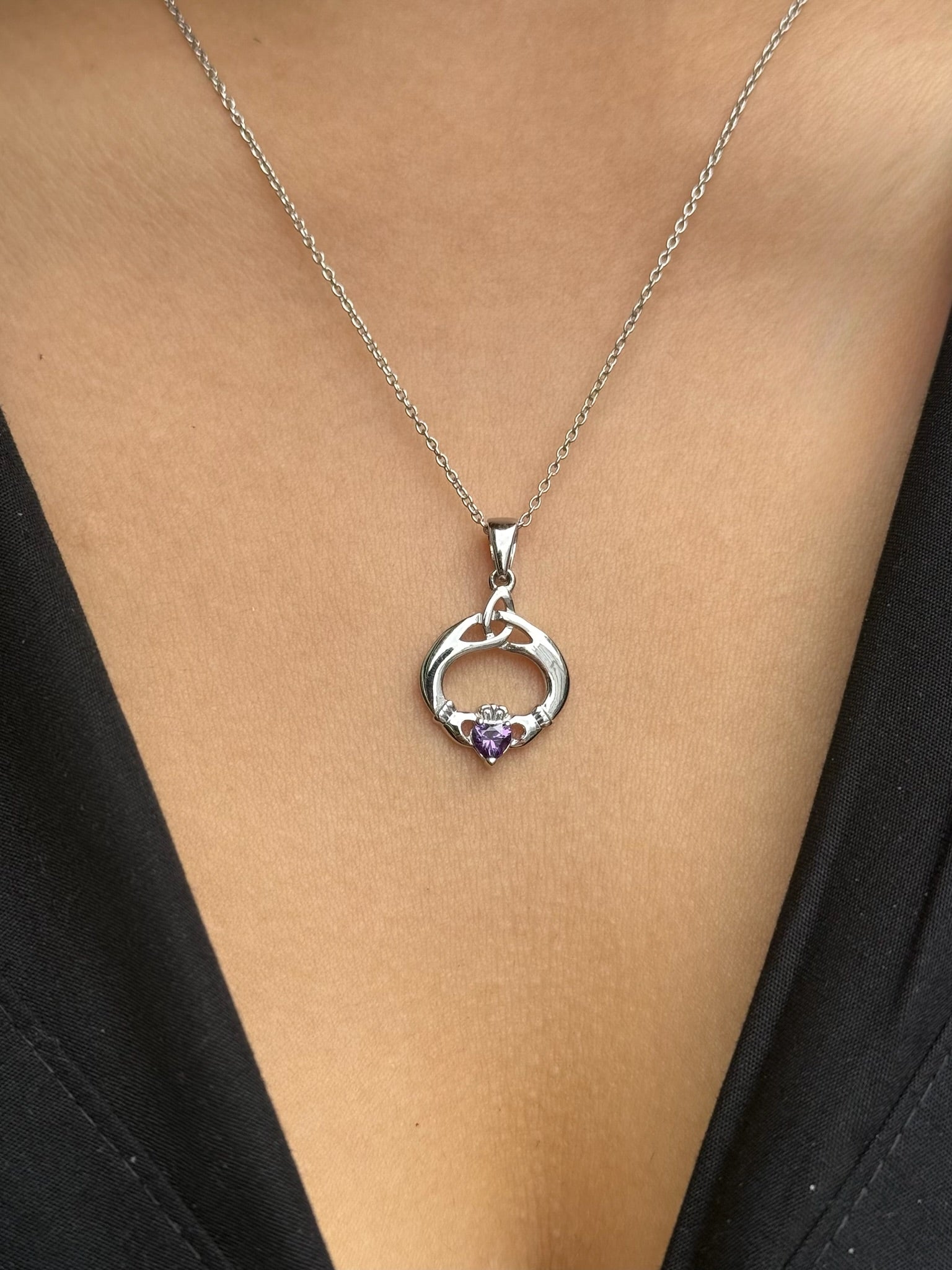 Sterling Silver February Birthstone Claddagh Pendant